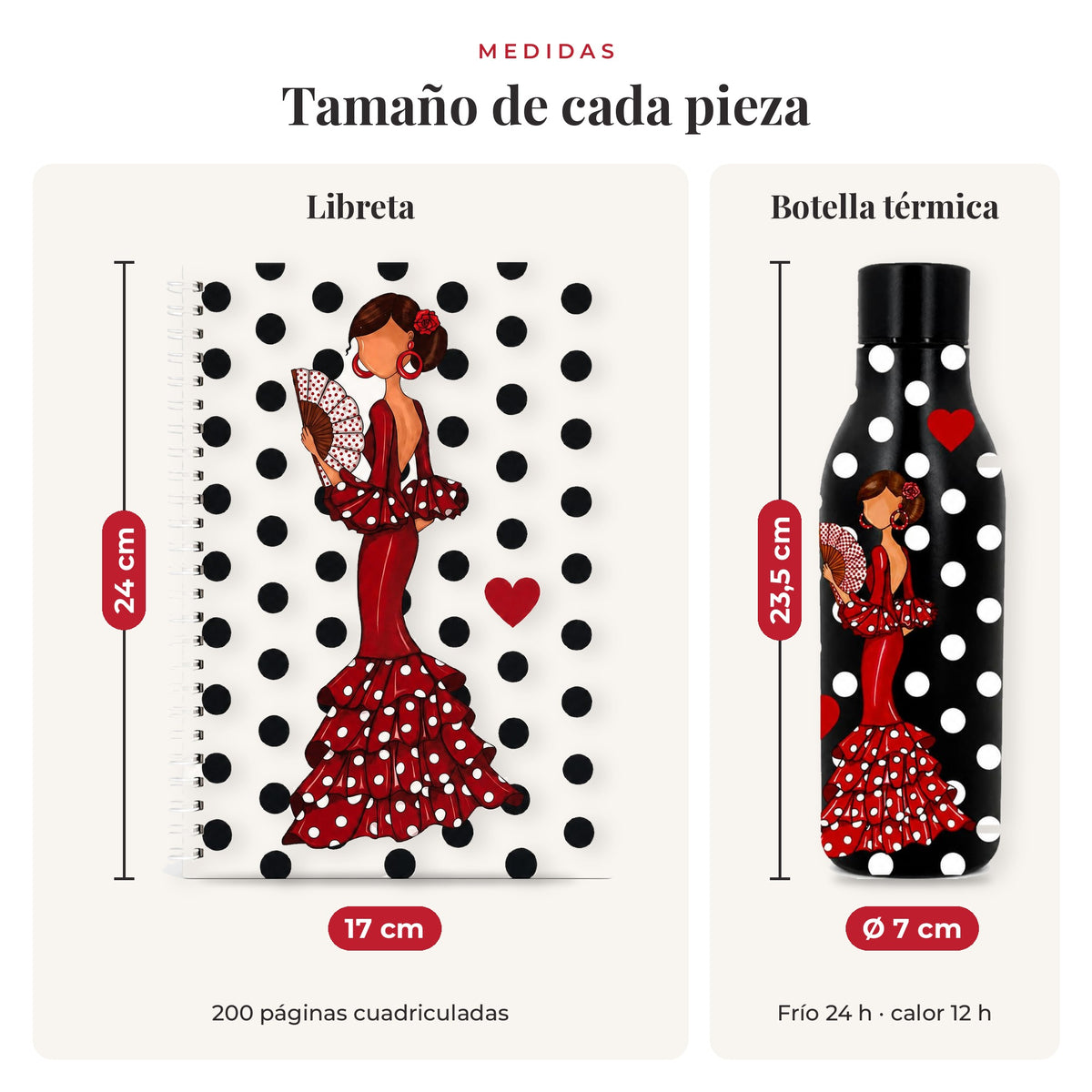 Medidas reales: libreta 17 x 24 cm y botella de 23,5 cm, diseño Pepa