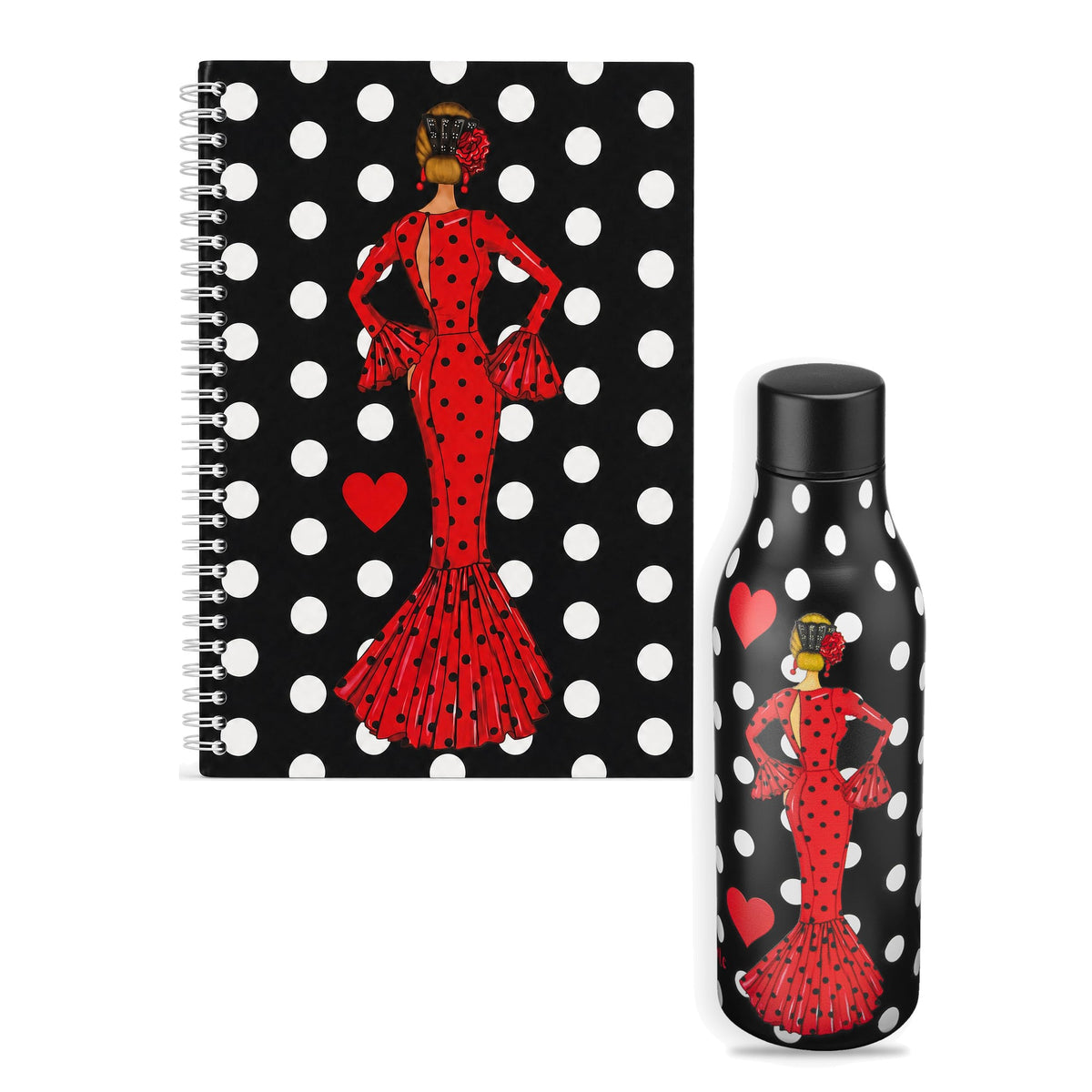Pack botella térmica y libreta flamenca illustrArte, diseño María Rojo