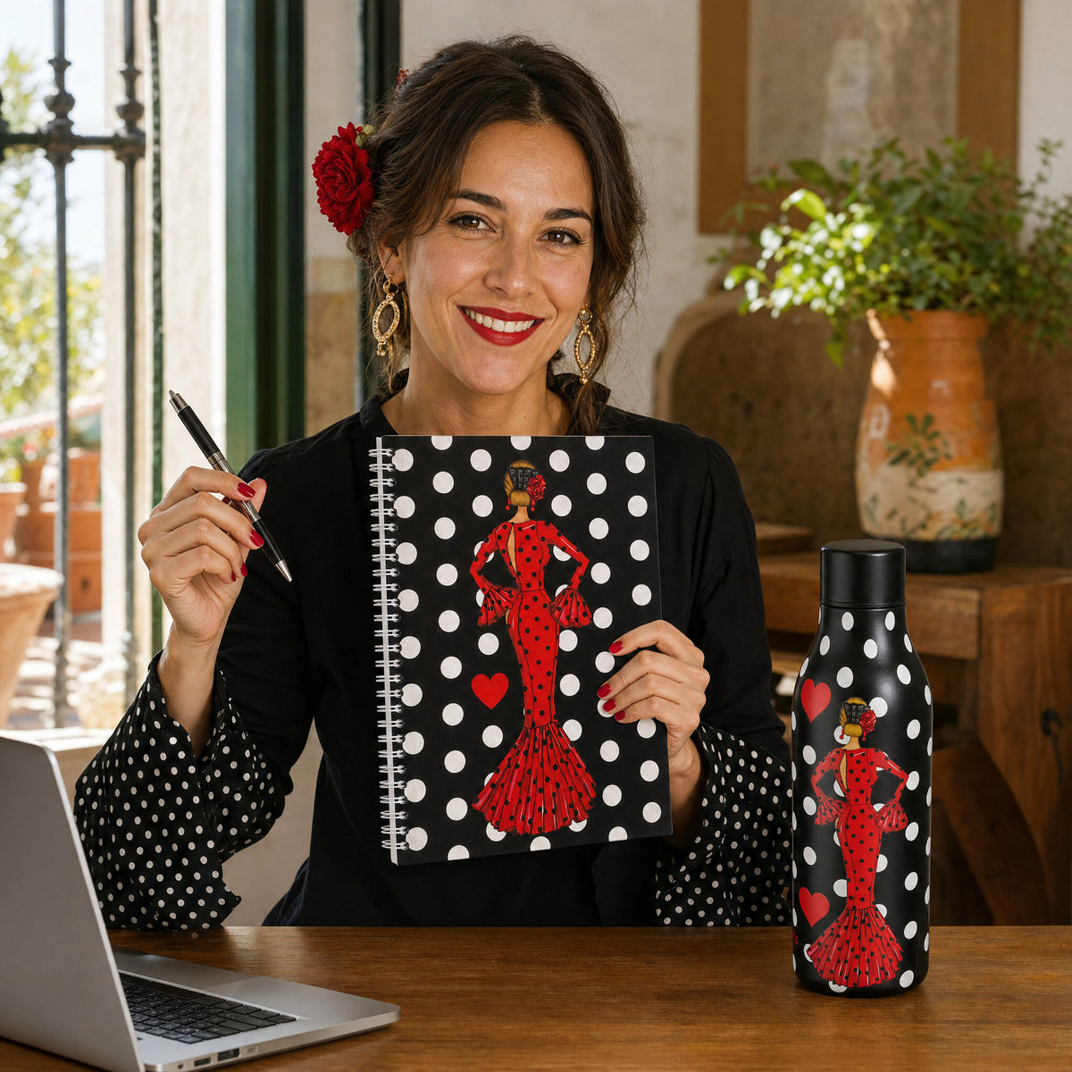 Mujer con la libreta flamenca María Rojo en su escritorio, con la botella térmica a juego