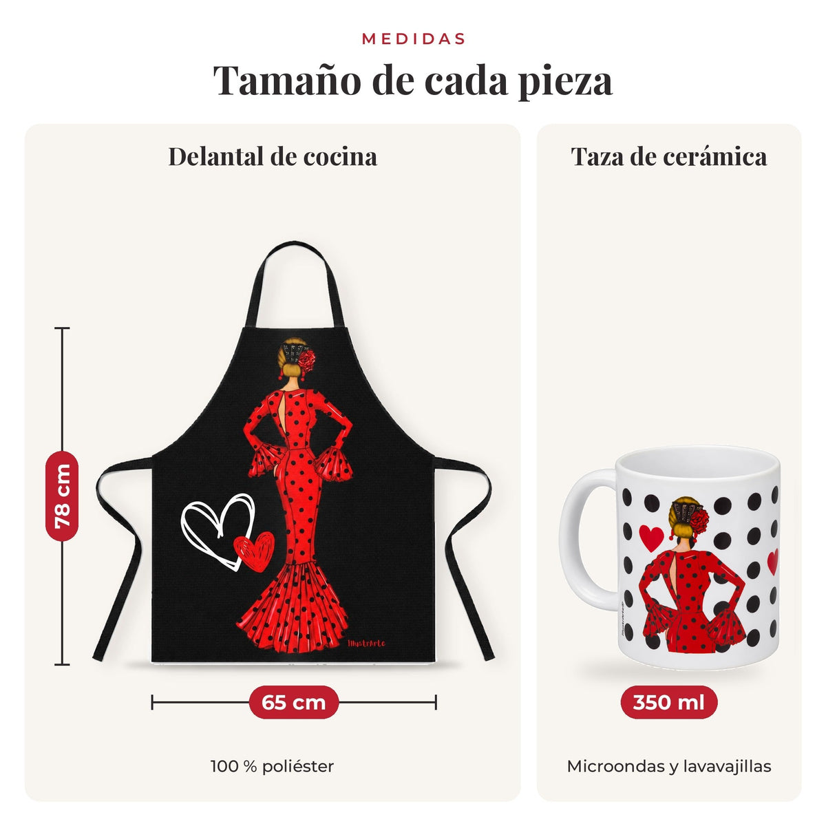 Medidas reales: delantal 78 x 65 cm y taza de 350 ml, diseño María Rojo