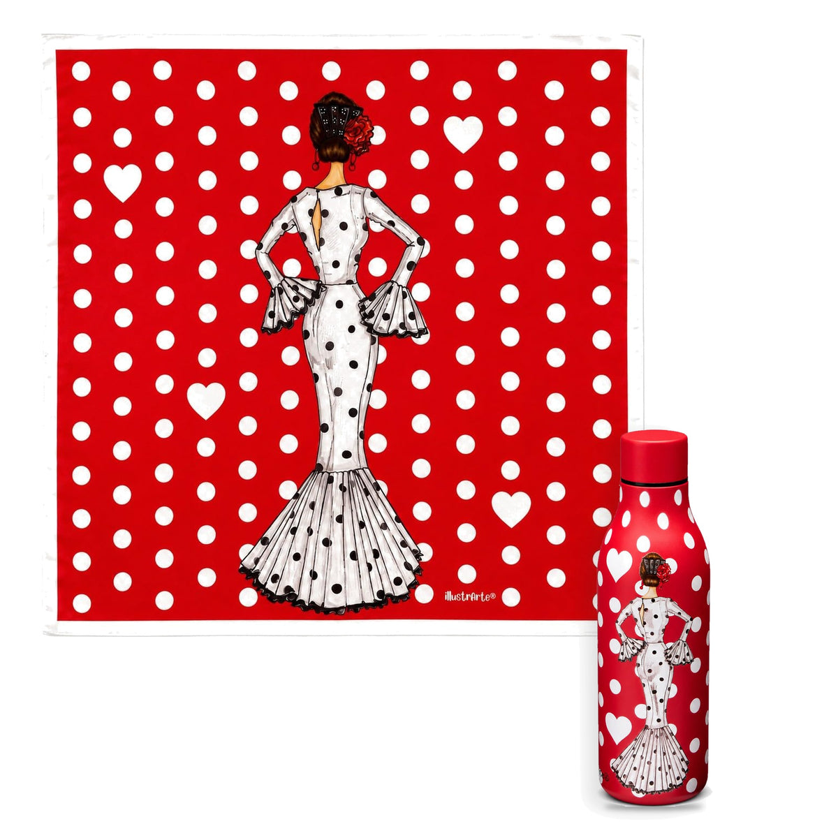 Pack pañuelo de seda y botella térmica flamenca illustrArte, diseño María Blanco fondo rojo