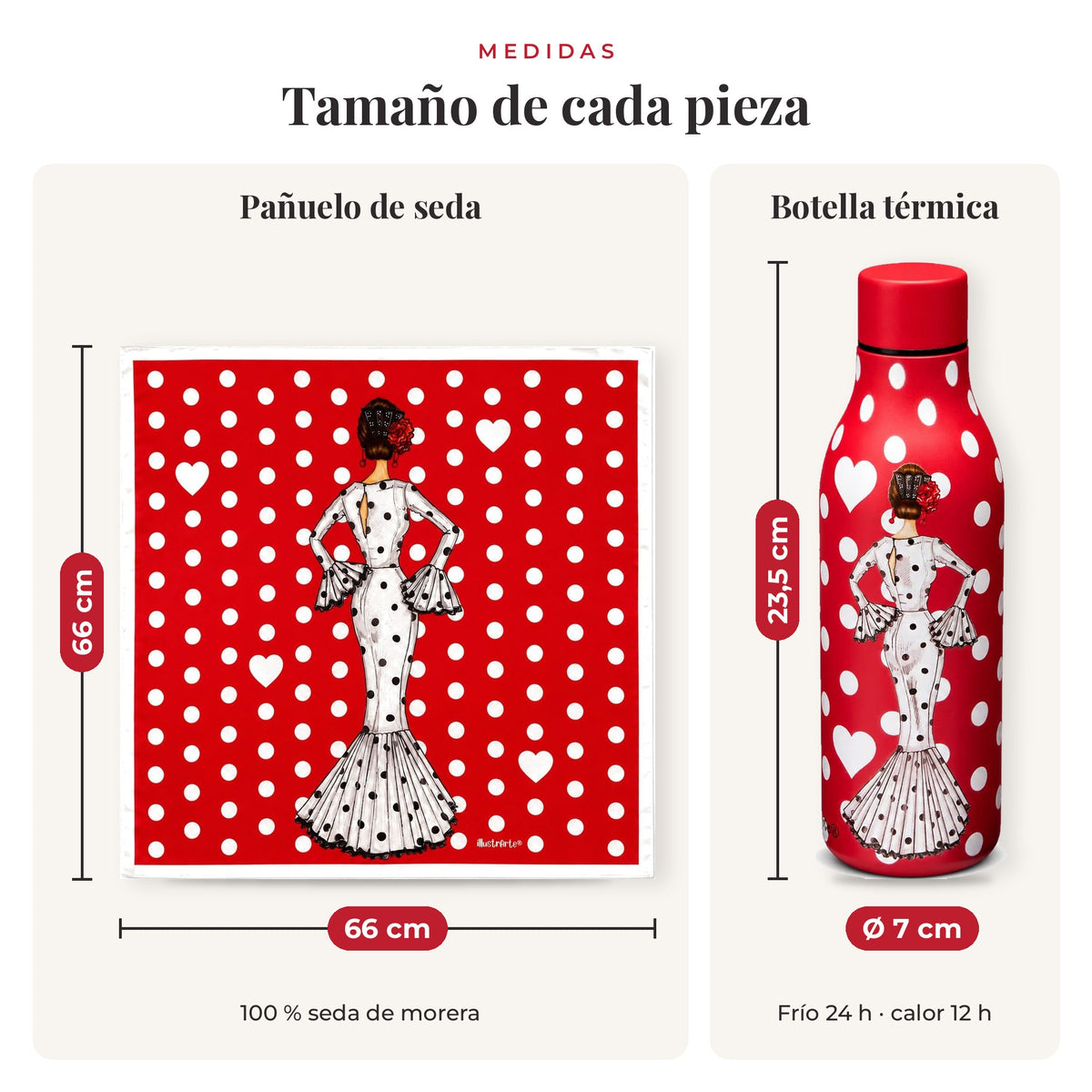 Medidas reales: pañuelo 66 x 66 cm y botella de 23,5 cm, diseño María Blanco
