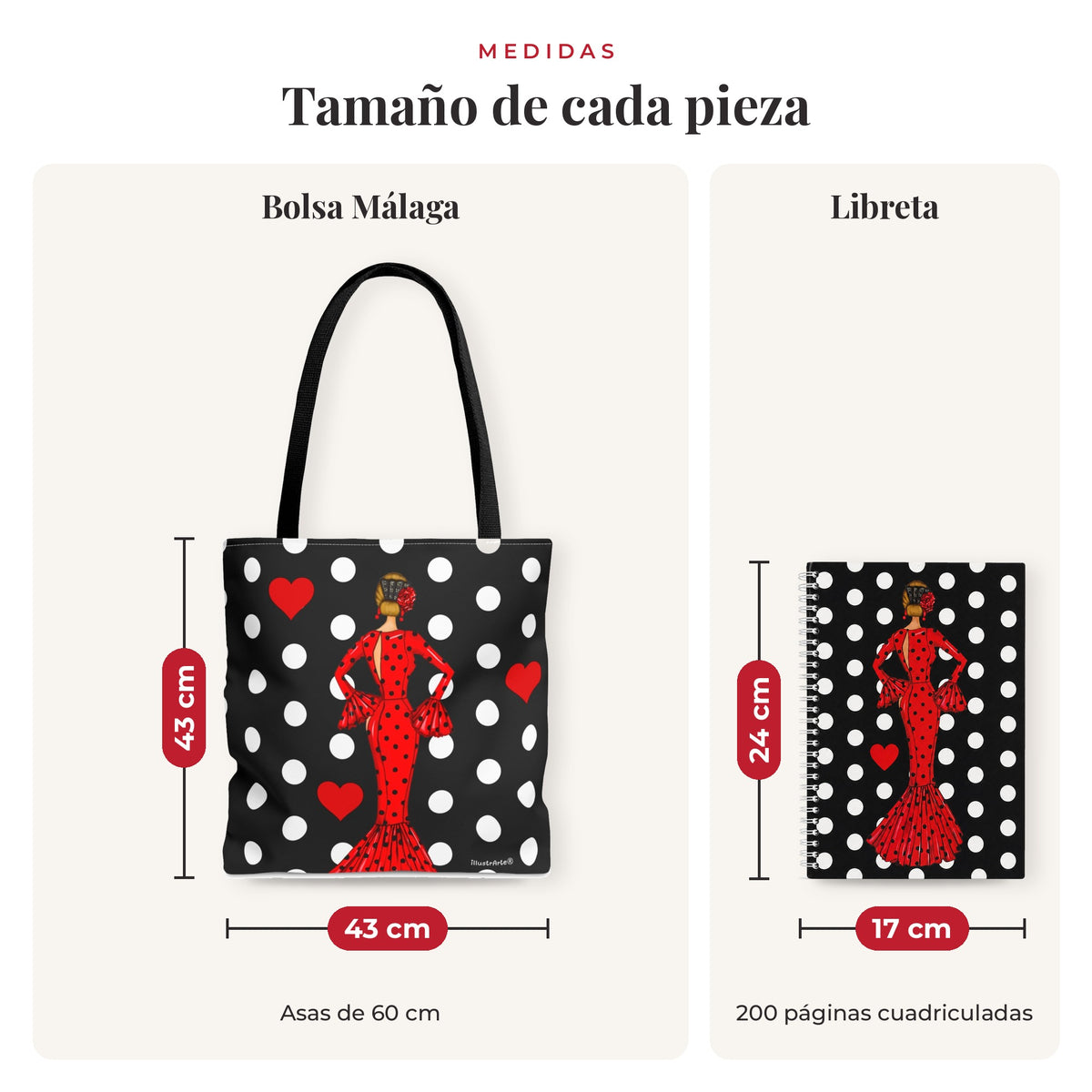 Medidas reales: bolsa 43 x 43 cm y libreta 17 x 24 cm, diseño María Rojo