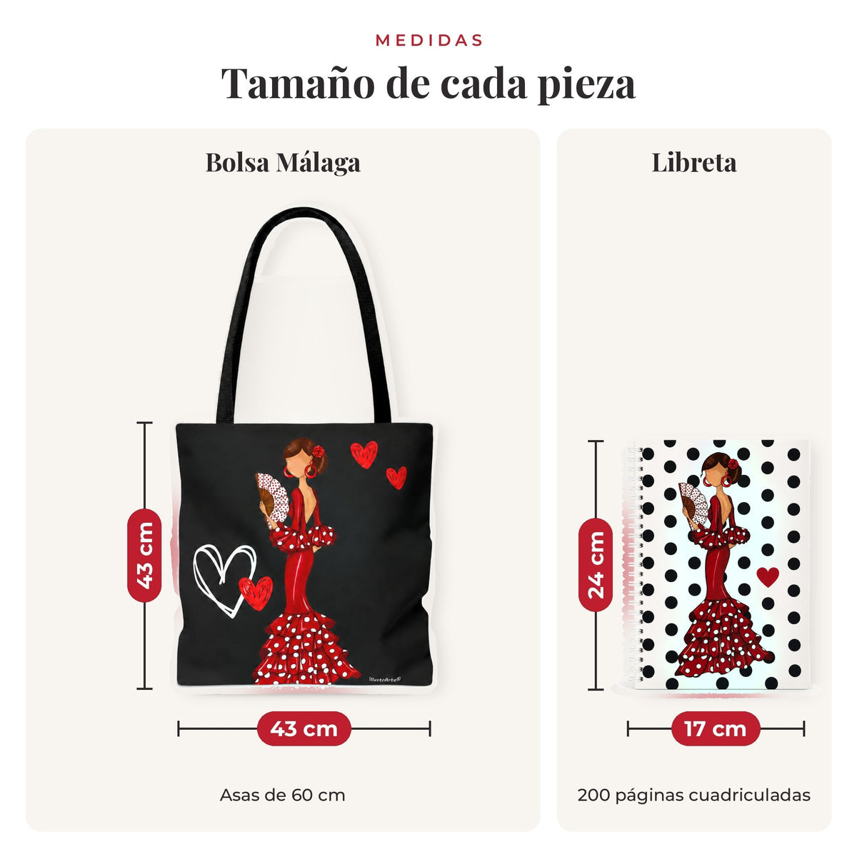 Medidas reales: bolsa 43 x 43 cm y libreta 17 x 24 cm, diseño Pepa