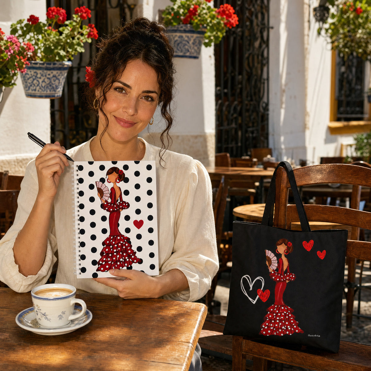 Mujer con la libreta flamenca Pepa en una terraza, con la bolsa Málaga en la silla