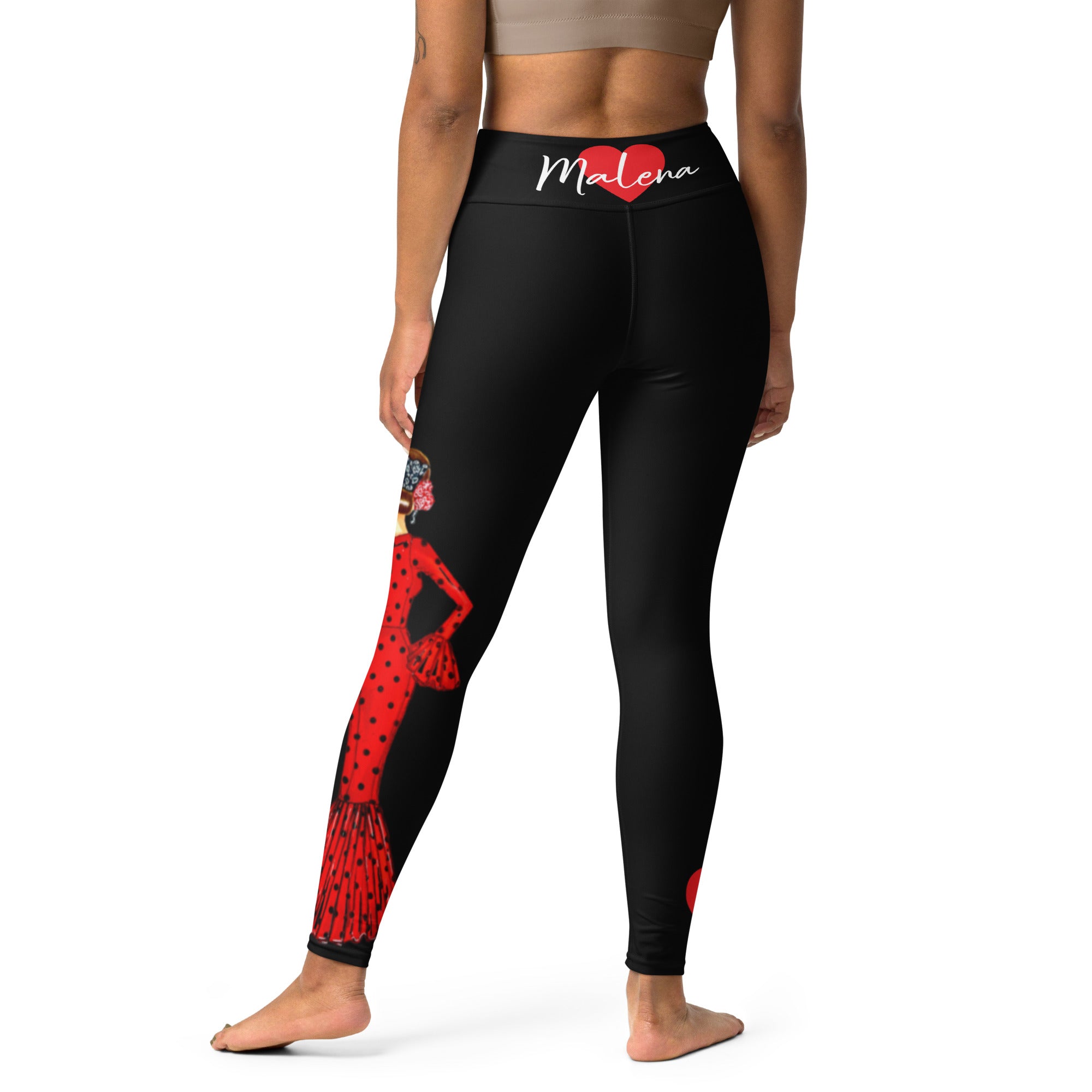 Flamenco Dancer Leggings, black high waisted yoga leggings with brunette dancer in a red dress and red heart design - IllustrArte