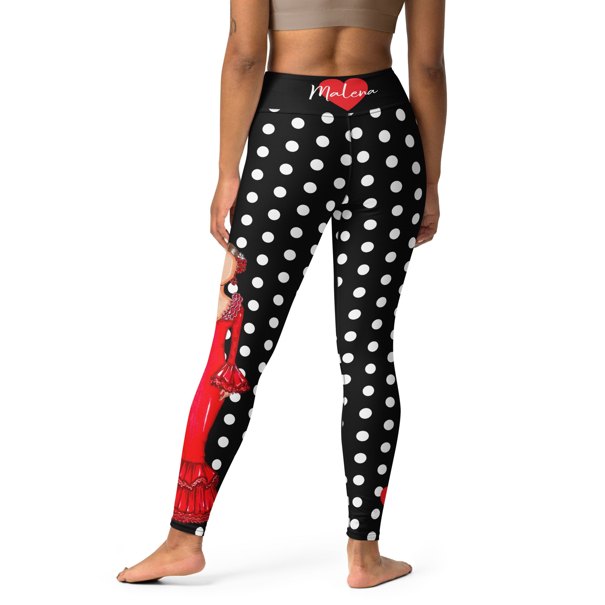 Flamenco Dancer Leggings, black with white polka dots high waisted yoga leggings with a red dress design - IllustrArte