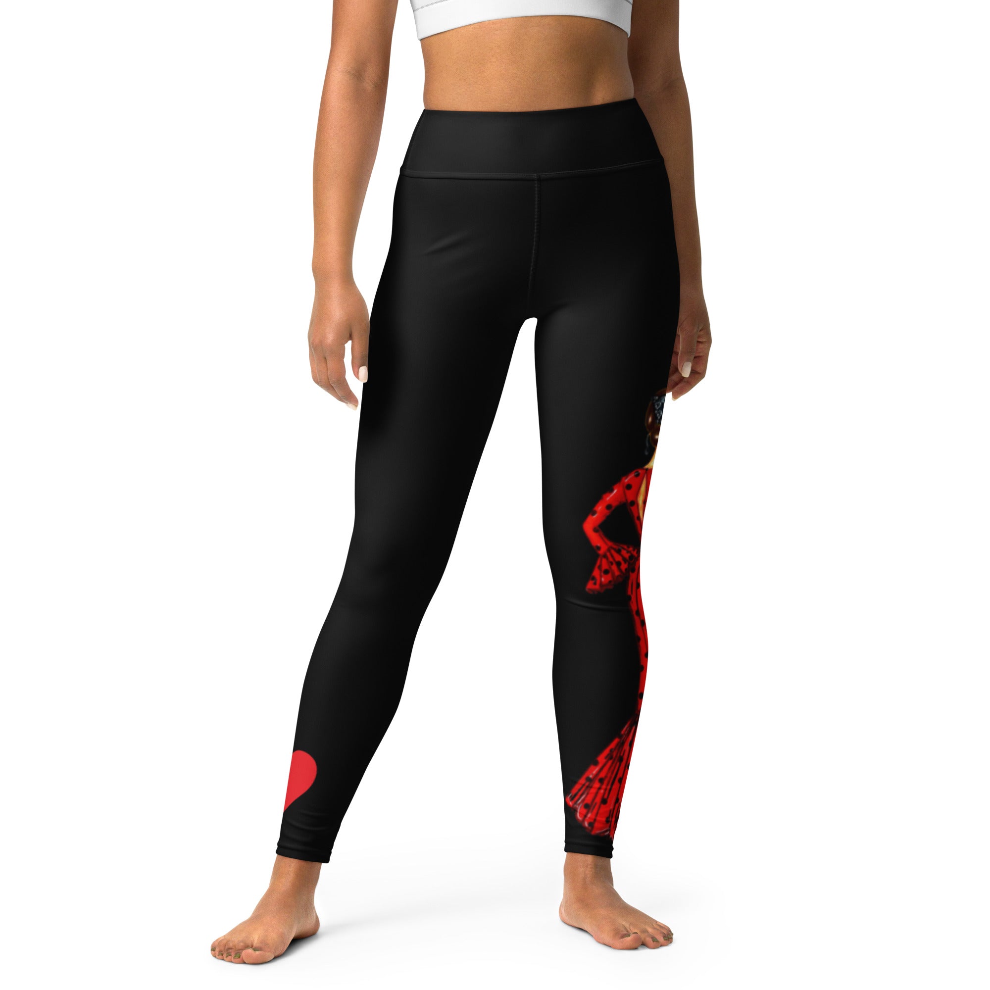 Flamenco Dancer Leggings, black high waisted yoga leggings with brunette dancer in a red dress and red heart design - IllustrArte