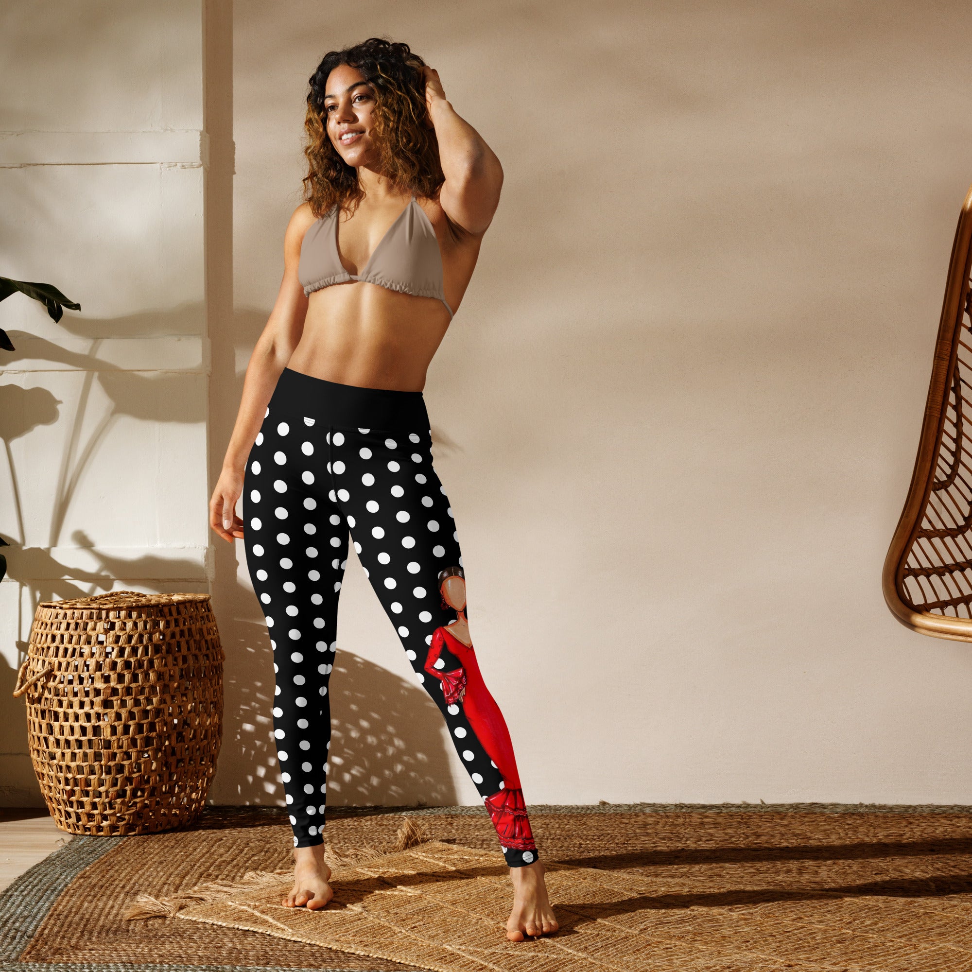 Flamenco Dancer Leggings, black with white polka dots high waisted yoga leggings with a red dress design - IllustrArte