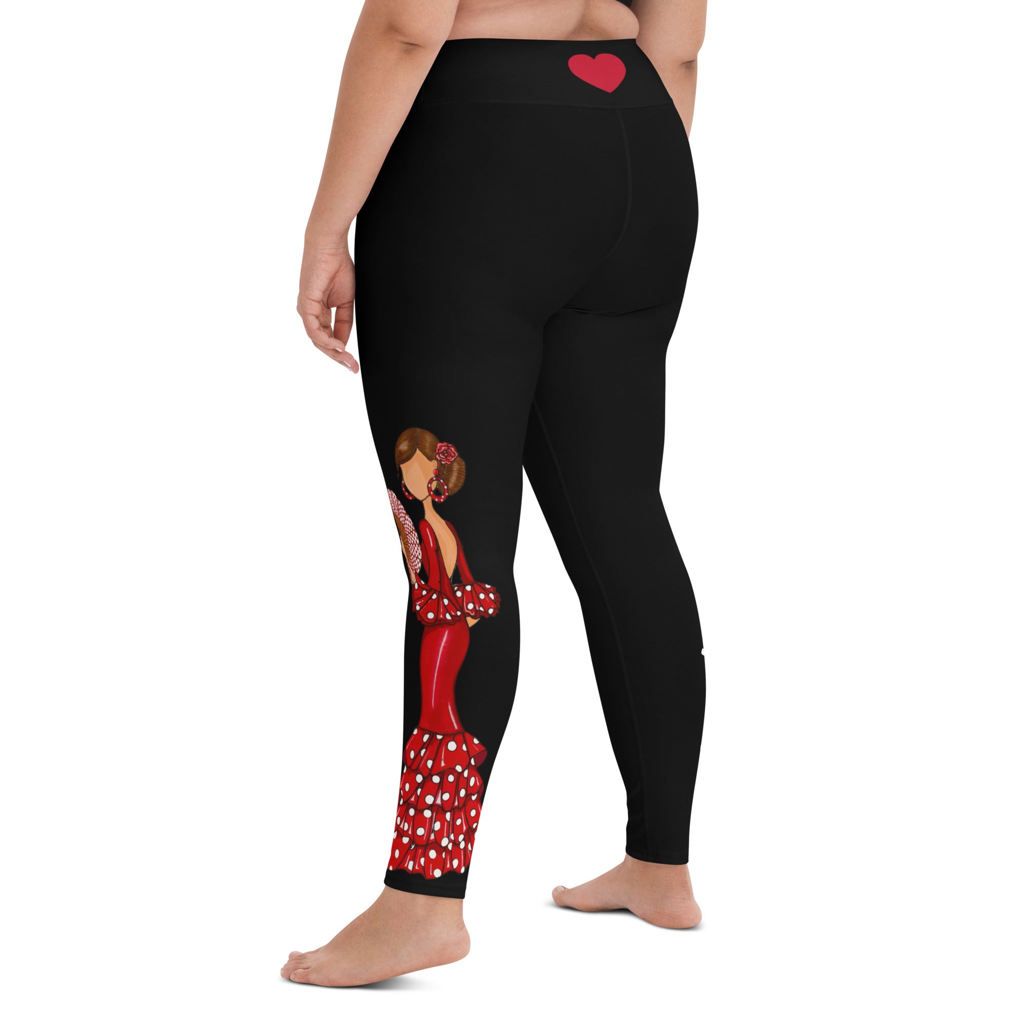 Flamenco Dancer Leggings, black high waisted yoga leggings with a red dress and a hand fan design - IllustrArte