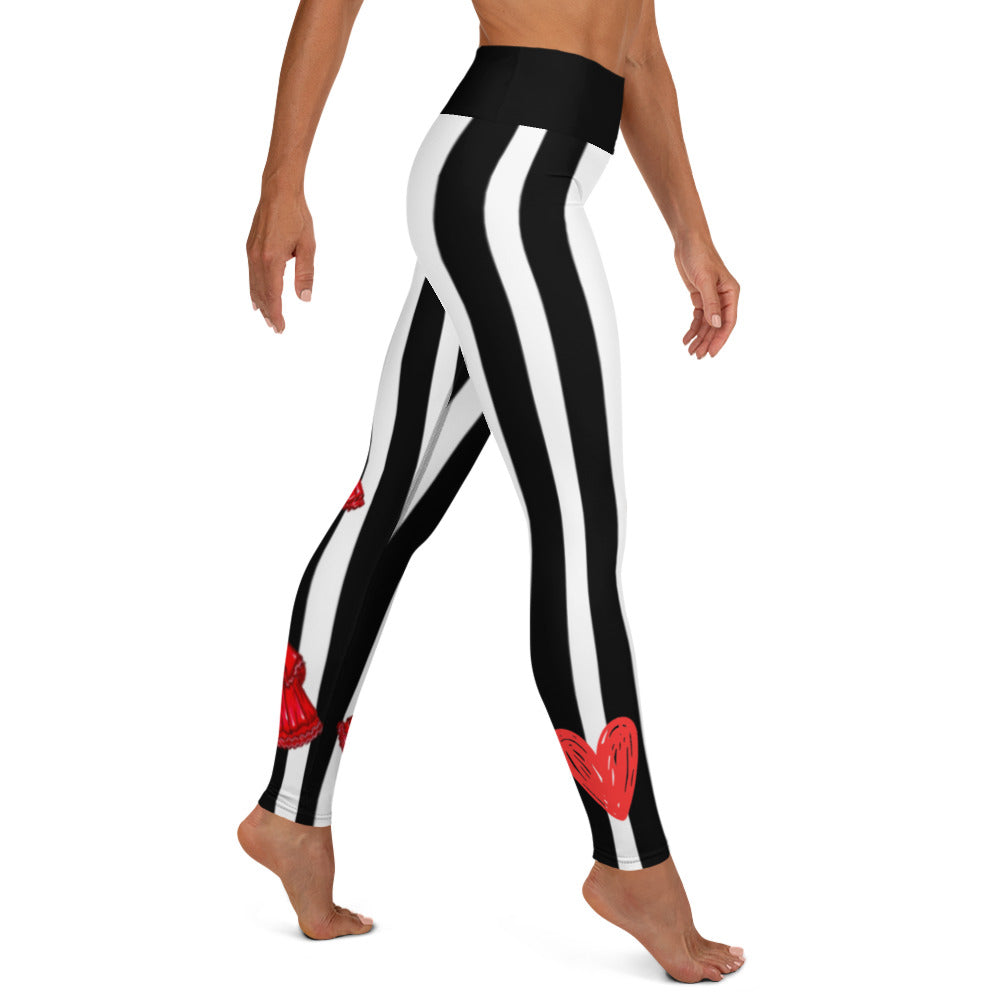 Flamenco Dancer Leggings, black and white striped high waisted yoga leggings with a red dress design - IllustrArte