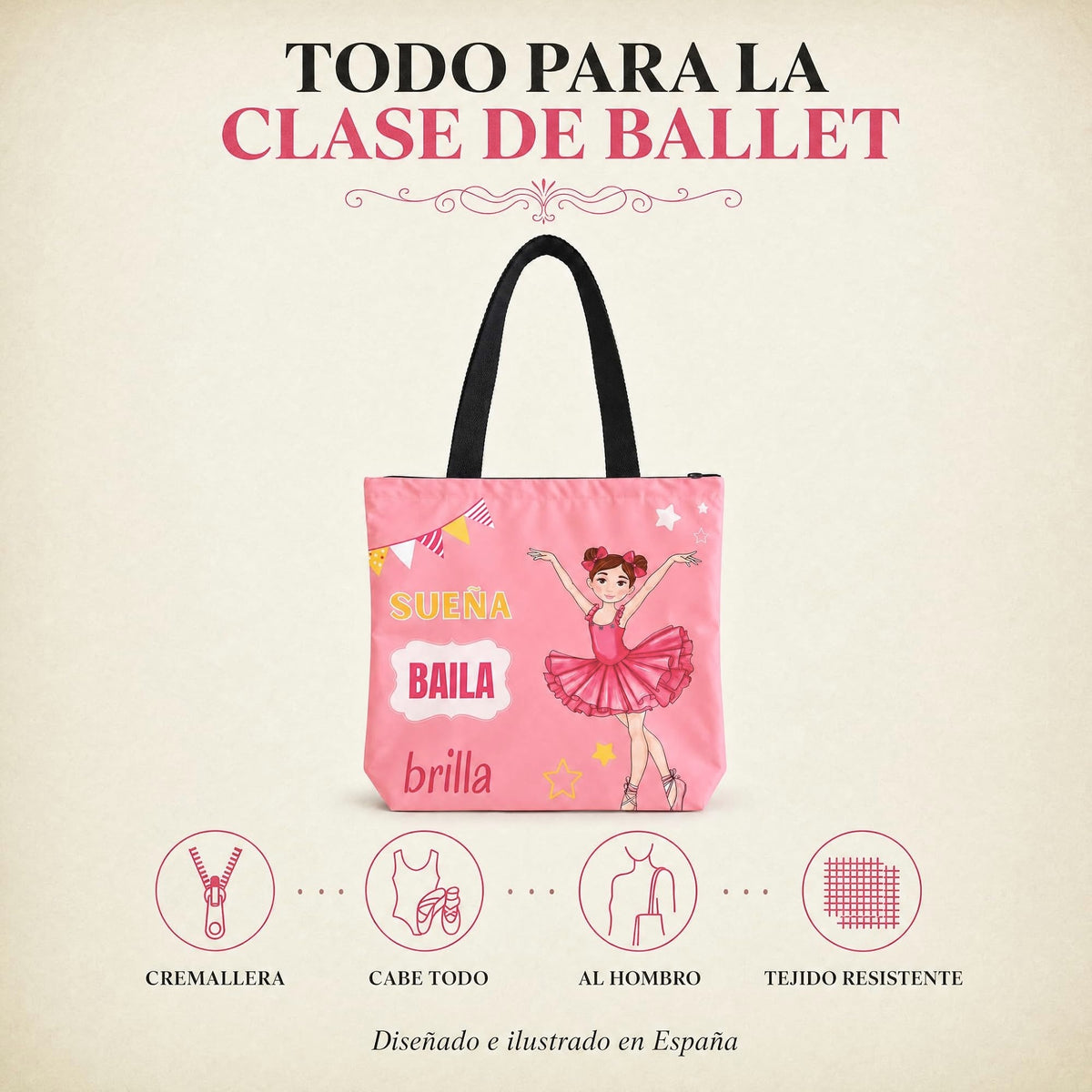 illustrArte ballet bag 40 x 40 cm with zip – Marina design (Dream, Dance, Shine) – view 5