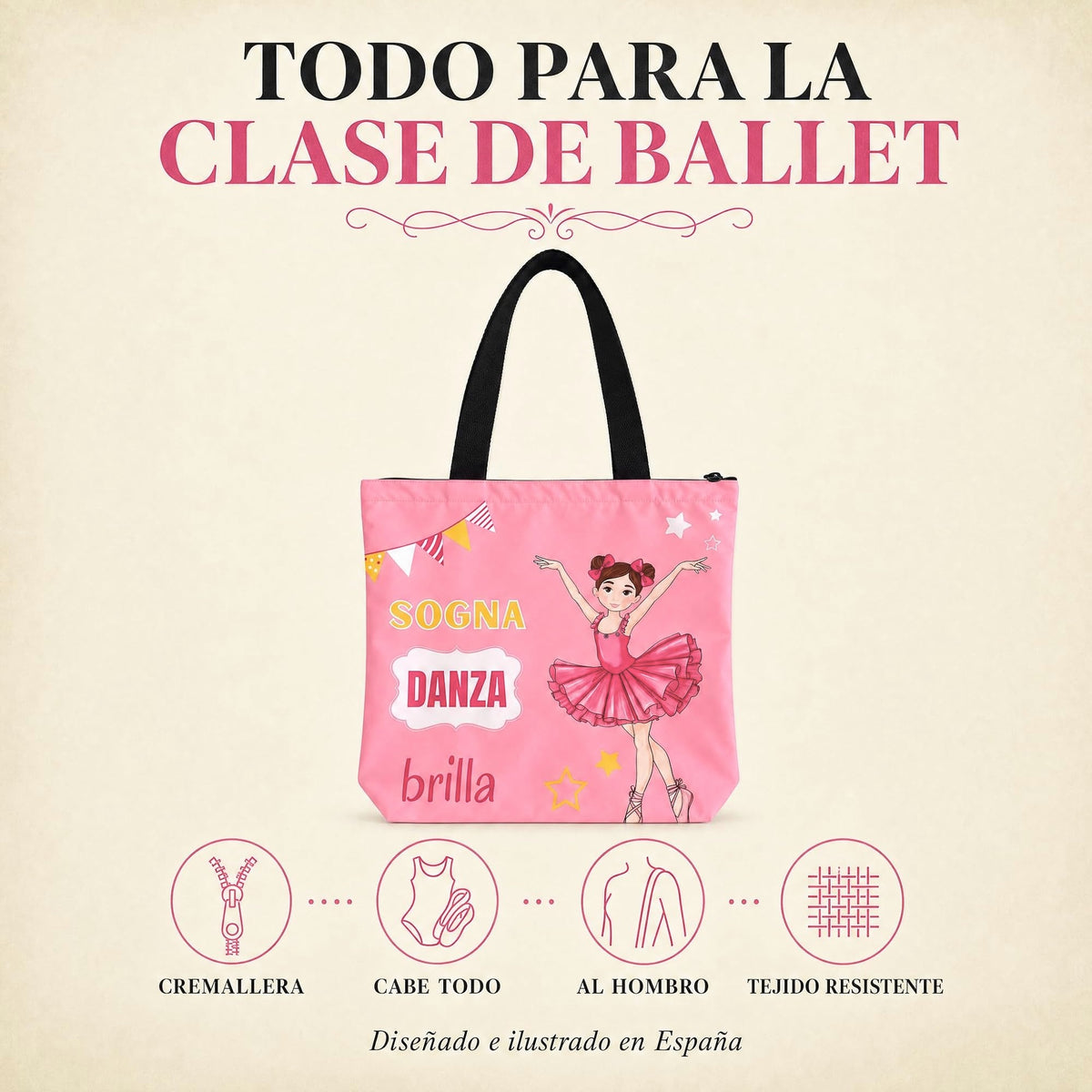 illustrArte ballet bag 40 x 40 cm with zip – Marina design (Sogna, Danza, Brilla) – view 5