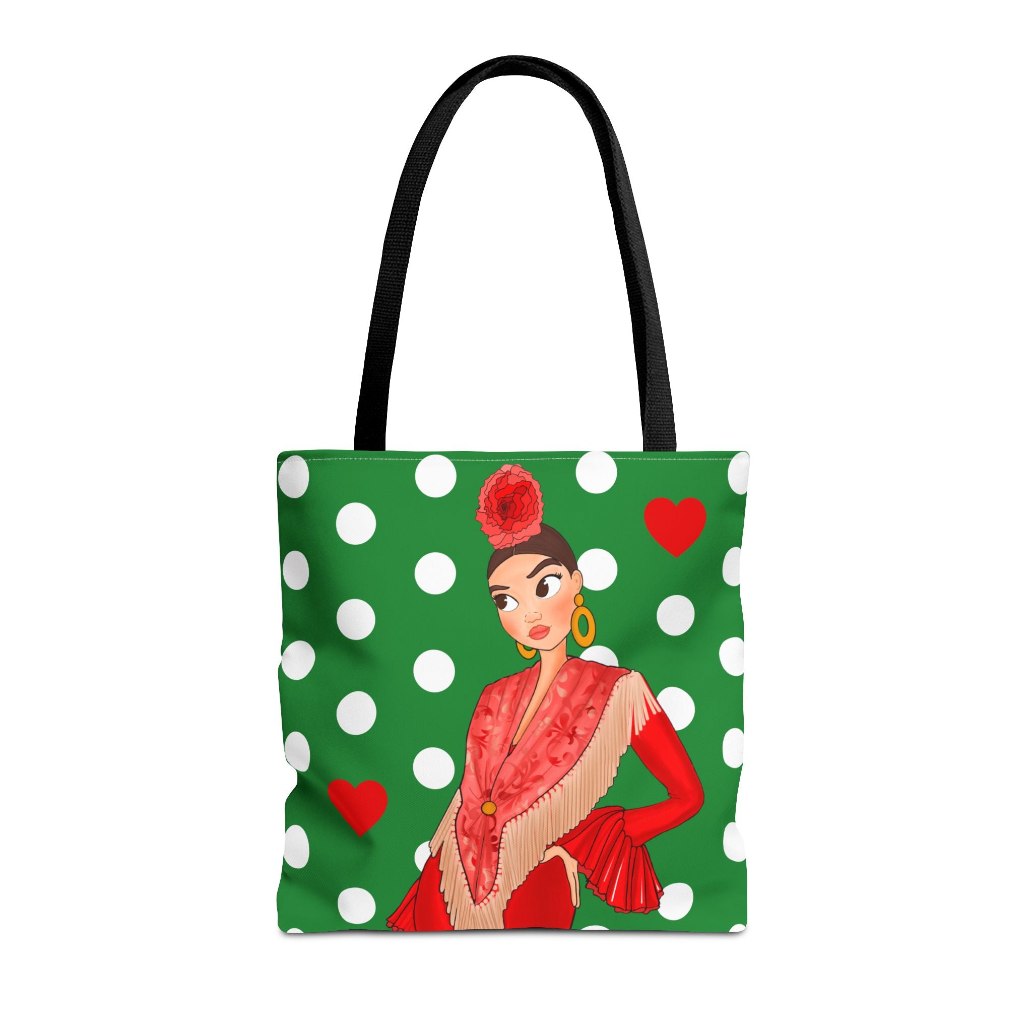 Bolsa tote Málaga illustrArte 43 x 43 cm – diseño Lucía, verde con lunares blancos