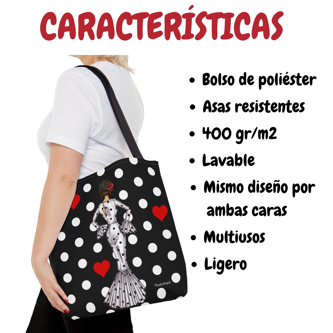 Bolsa tote Málaga illustrArte – María Blanco, fondo negro con lunares – vista 5
