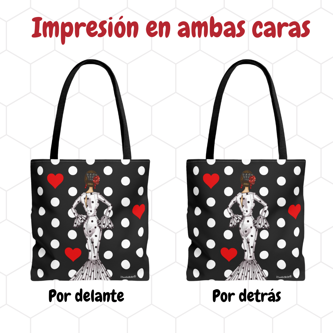 Bolsa tote Málaga illustrArte – María Blanco, fondo negro con lunares – vista 7