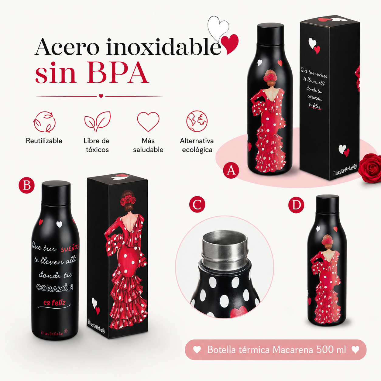 Botella térmica illustrArte 500 ml – diseño Macarena, flamenca de lunares – vista 3