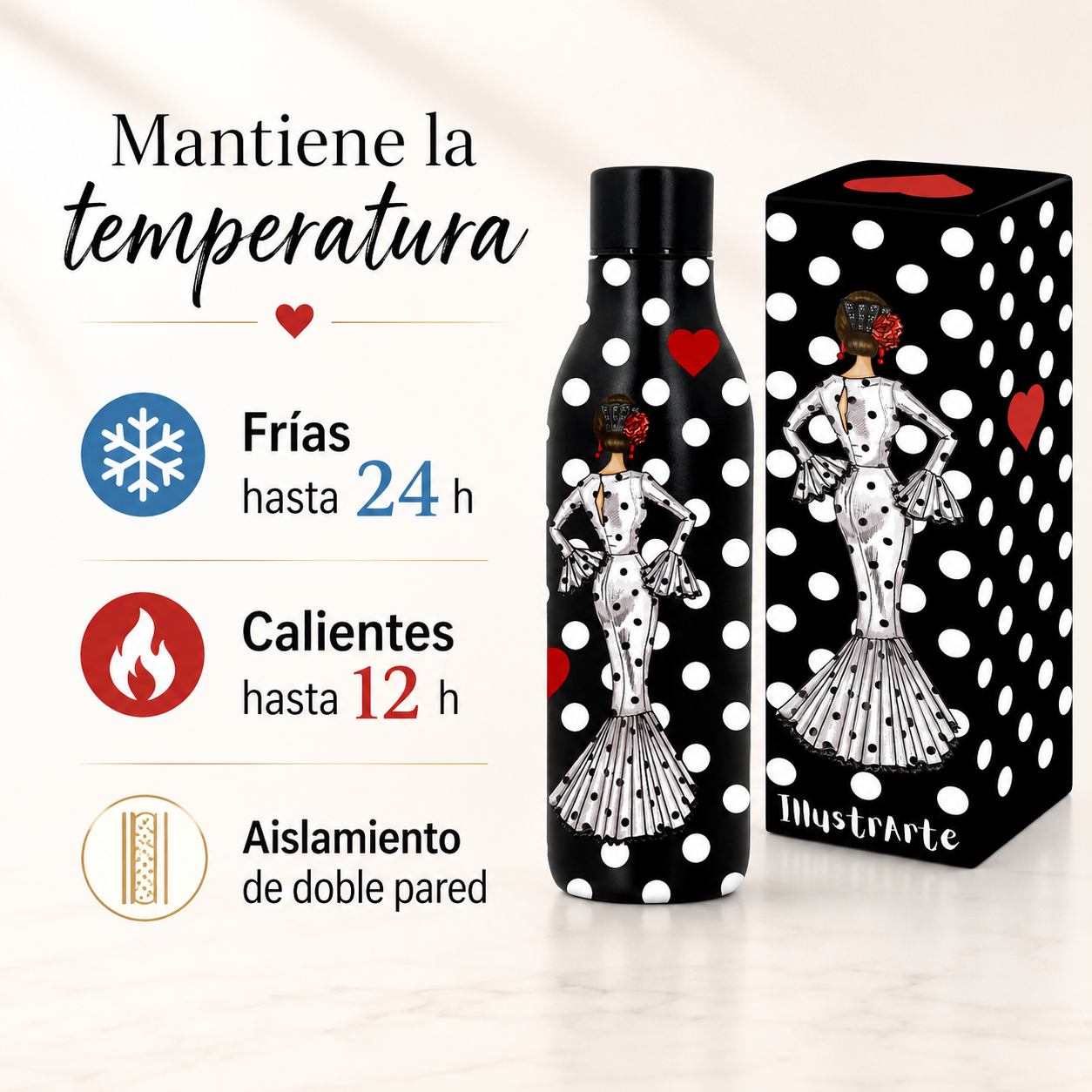 Botella térmica illustrArte 500 ml – diseño María Blanco sobre fondo negro – vista 2