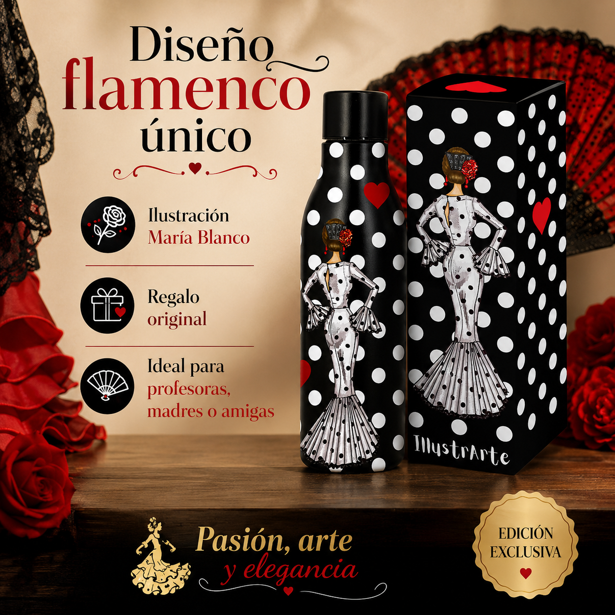 Botella térmica illustrArte 500 ml – diseño María Blanco sobre fondo negro – vista 7