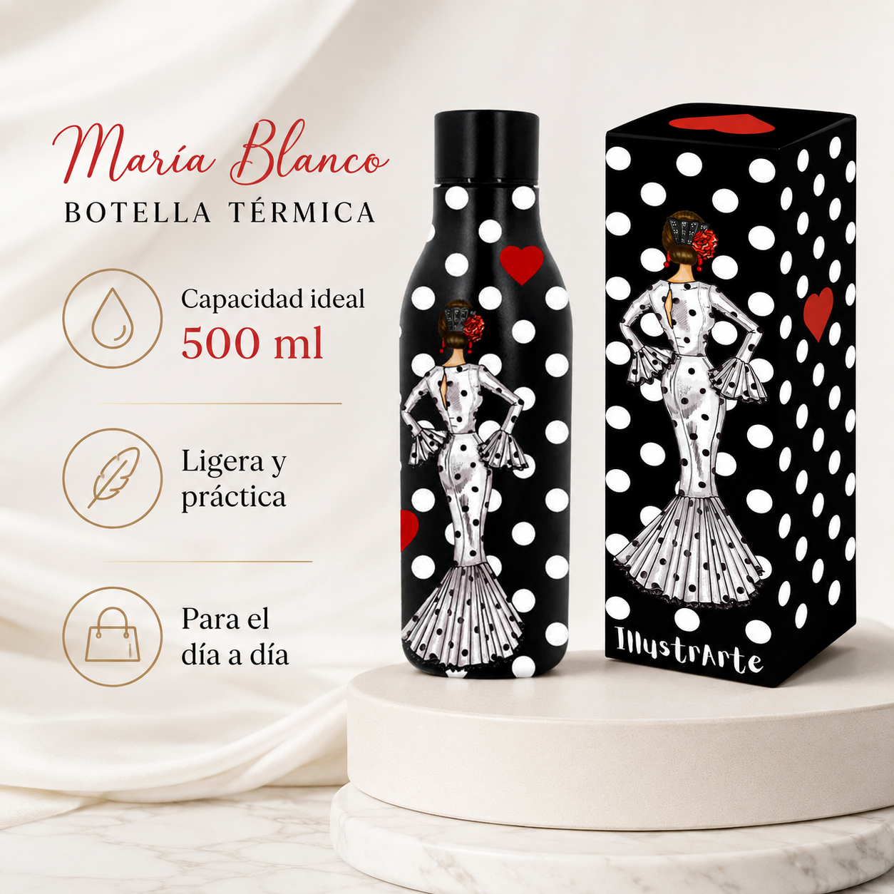 Botella térmica illustrArte 500 ml – diseño María Blanco sobre fondo negro – vista 8
