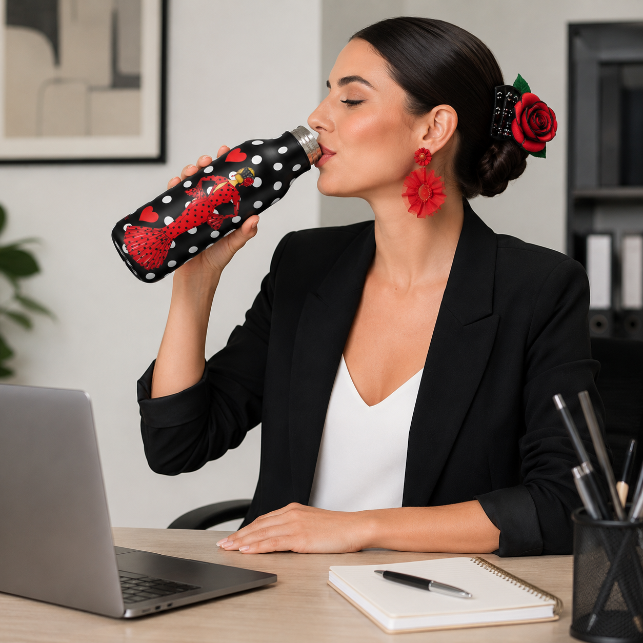 Botella térmica illustrArte 500 ml – diseño María Rojo, vestido rojo con lunares – vista 2