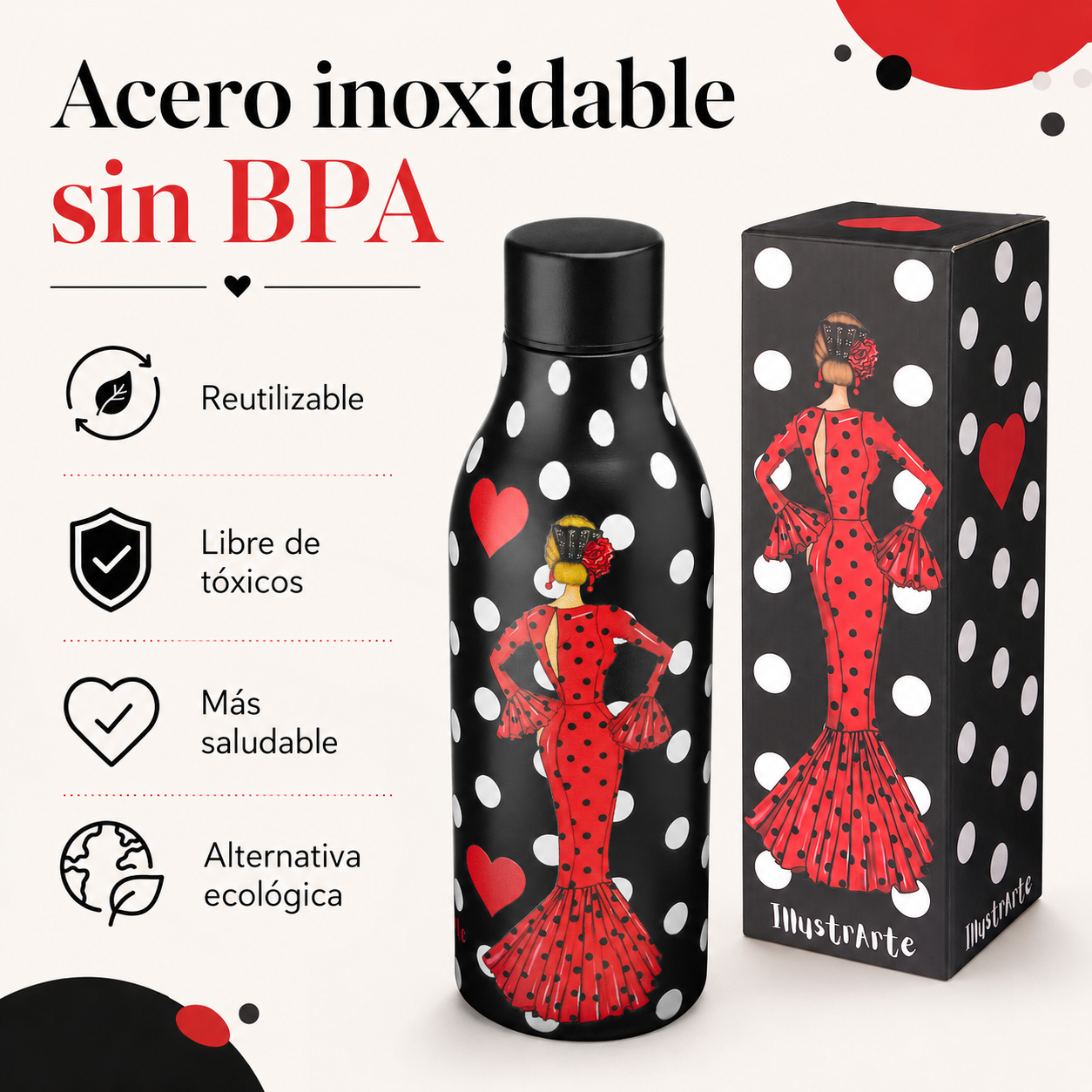 Botella térmica illustrArte 500 ml – diseño María Rojo, vestido rojo con lunares – vista 4
