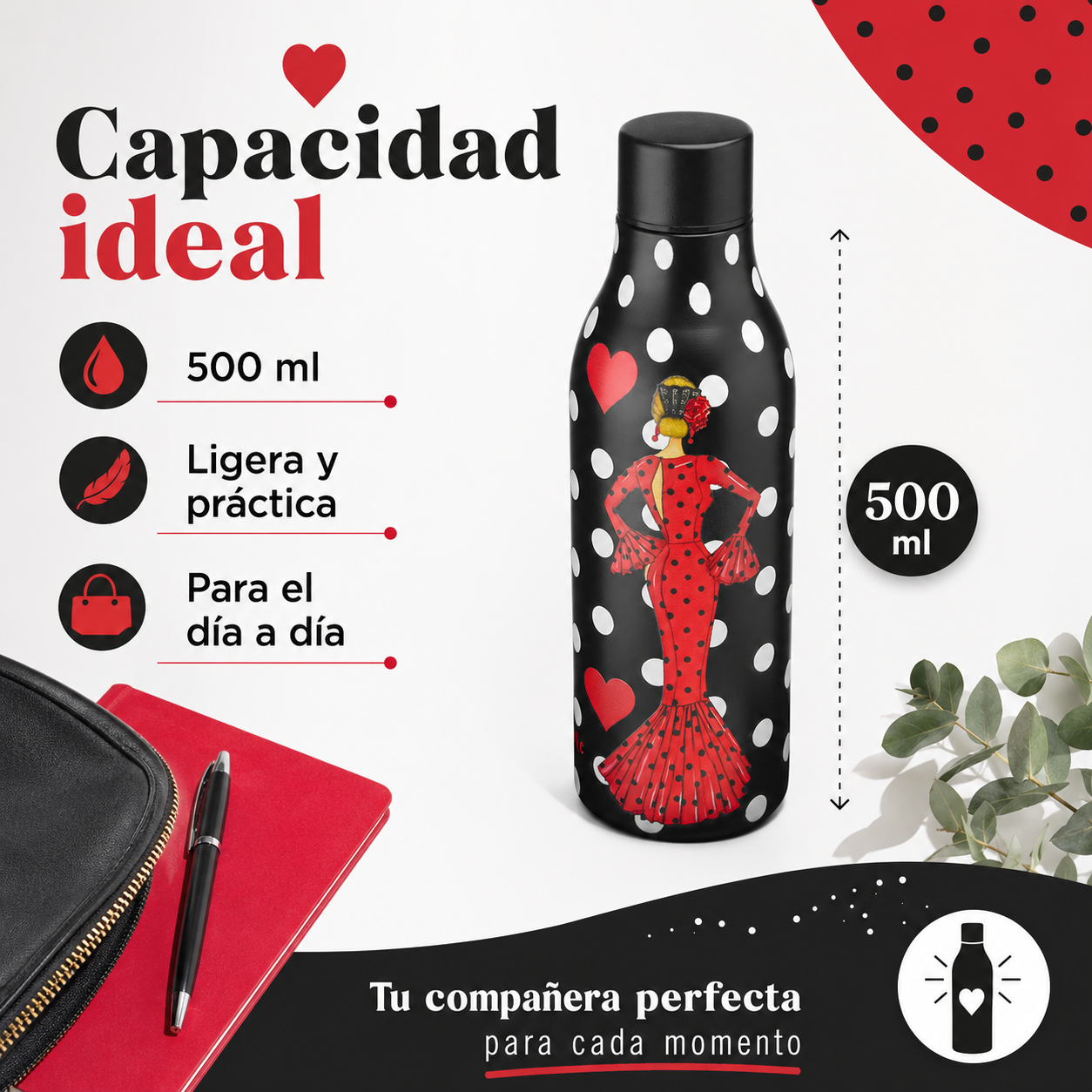 Botella térmica illustrArte 500 ml – diseño María Rojo, vestido rojo con lunares – vista 8