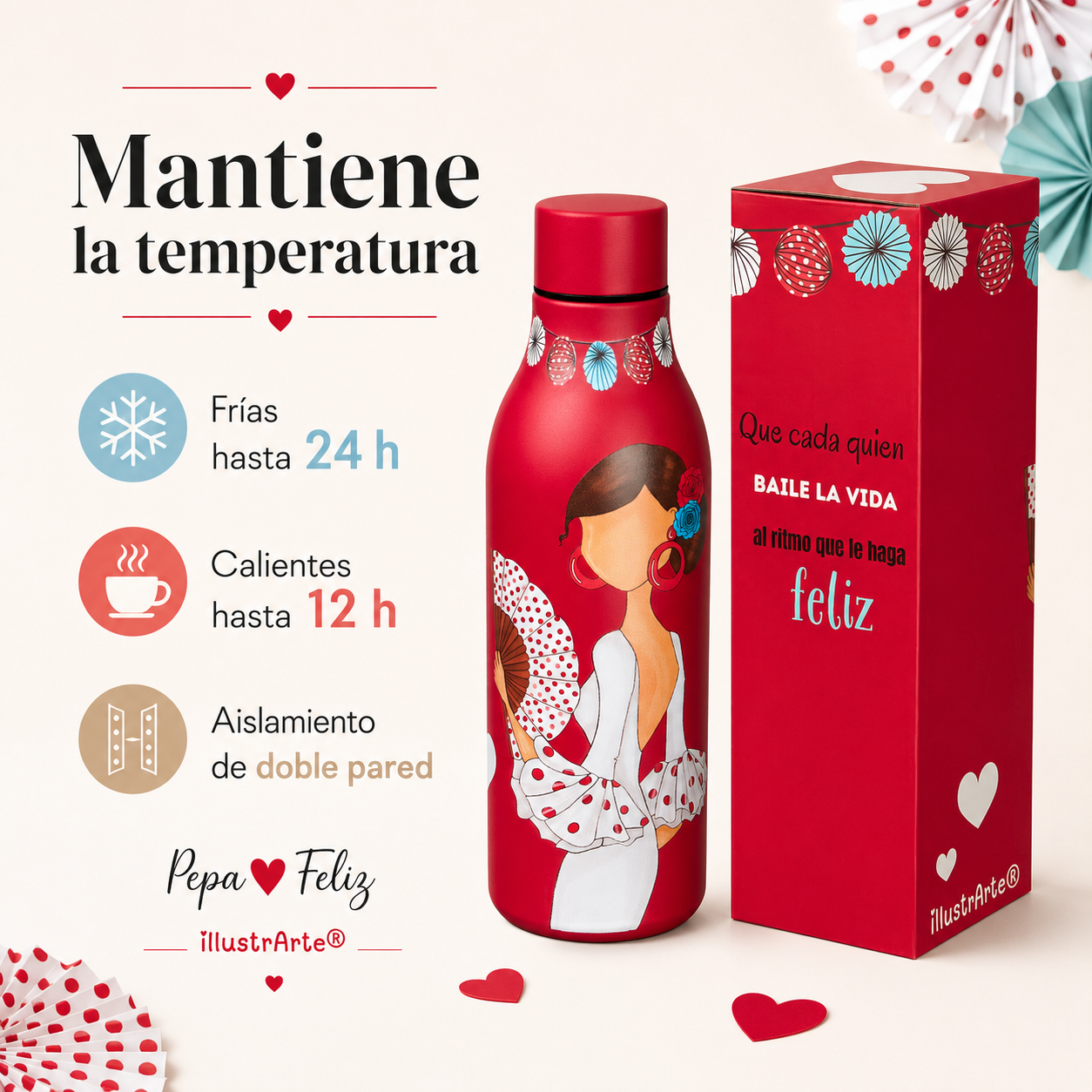 Botella térmica illustrArte 500 ml – diseño Pepa Feliz, flamenca de lunares – vista 3