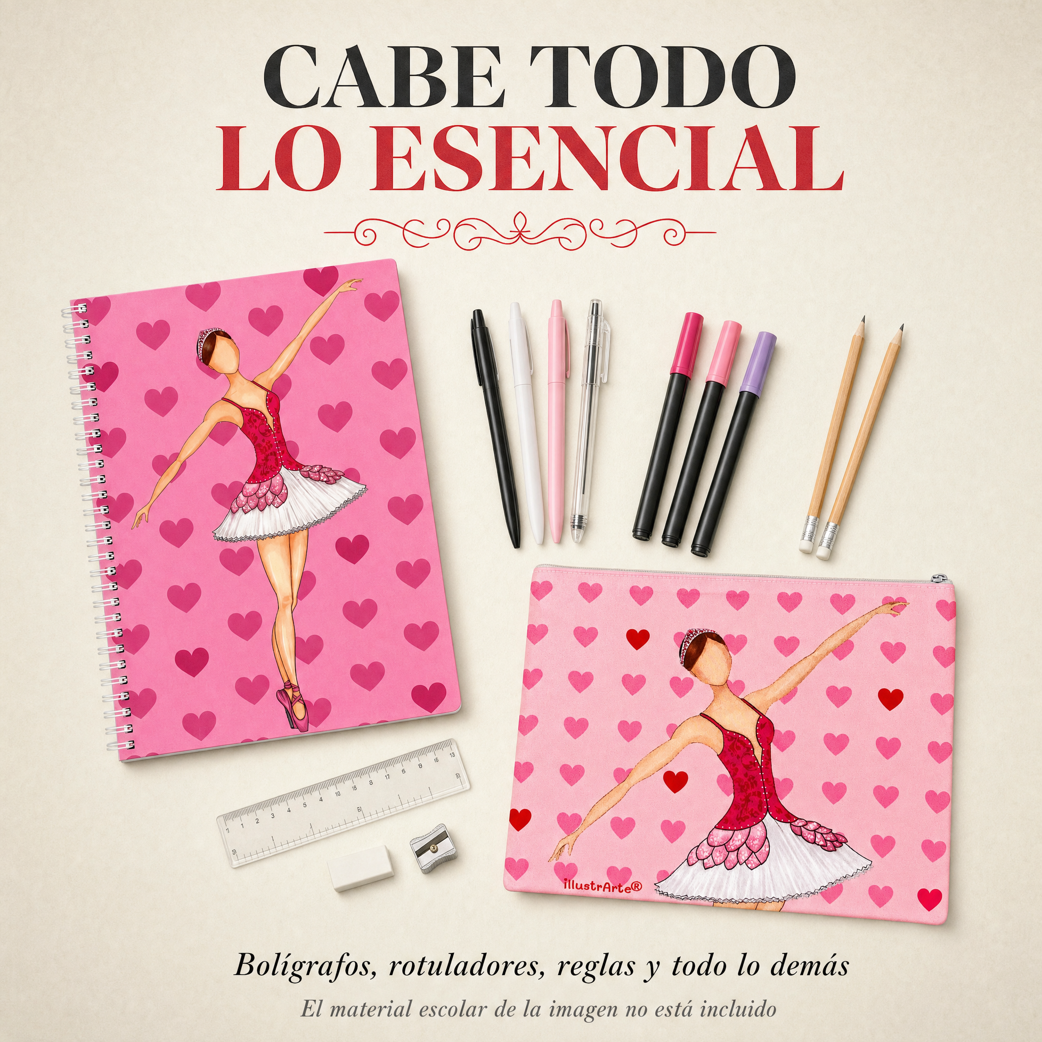 Capacidad del estuche con material escolar, diseño Bailarina Mariela