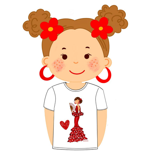 Camiseta justa de flamenco 100% algodão orgânico - Modelo María com vestido branco