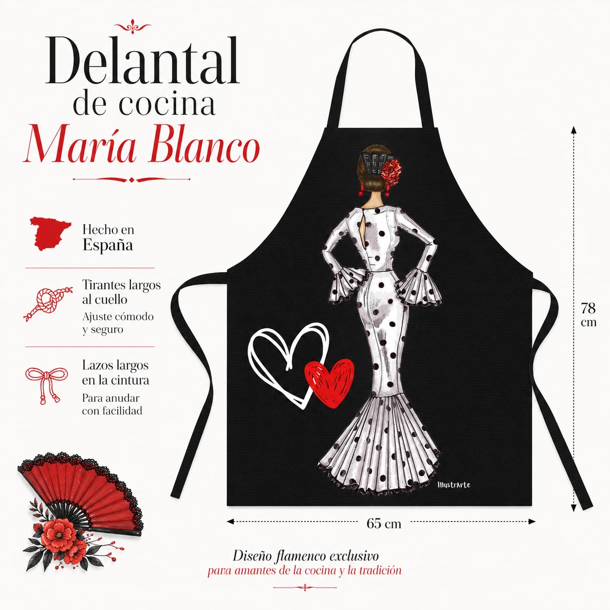 Delantal flamenca illustrArte – María Blanco, fondo negro – vista 3