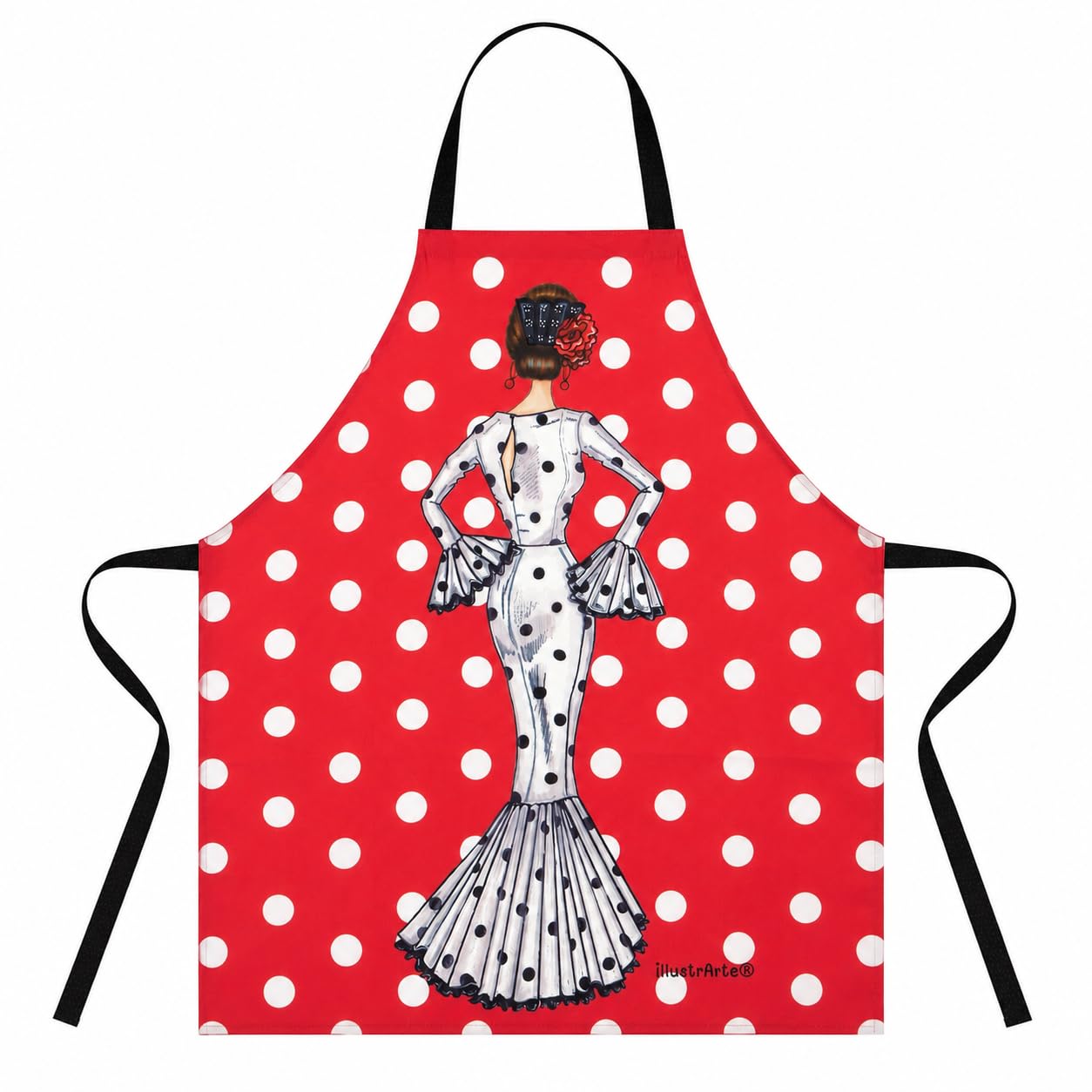 Delantal de cocina illustrArte 78 x 65 cm – diseño María Blanco, fondo rojo