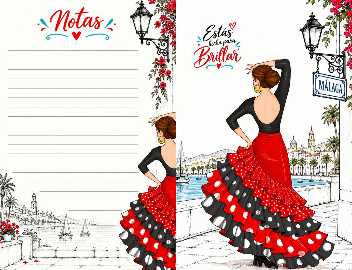 Doble página de febrero: ilustración de Málaga y página de notas