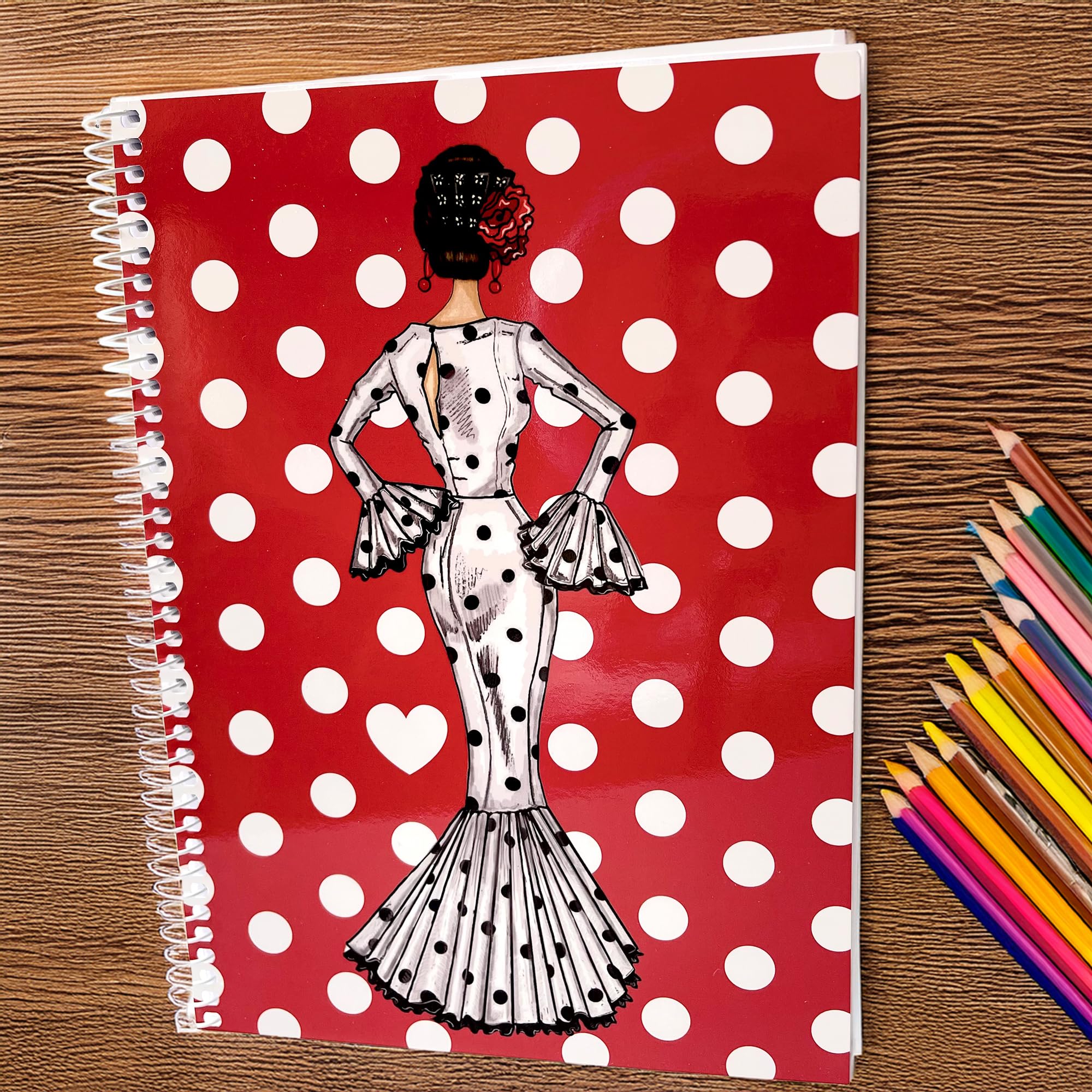 Libreta flamenca illustrArte 17 x 24 cm – diseño María Blanco, tapa roja con lunares blancos