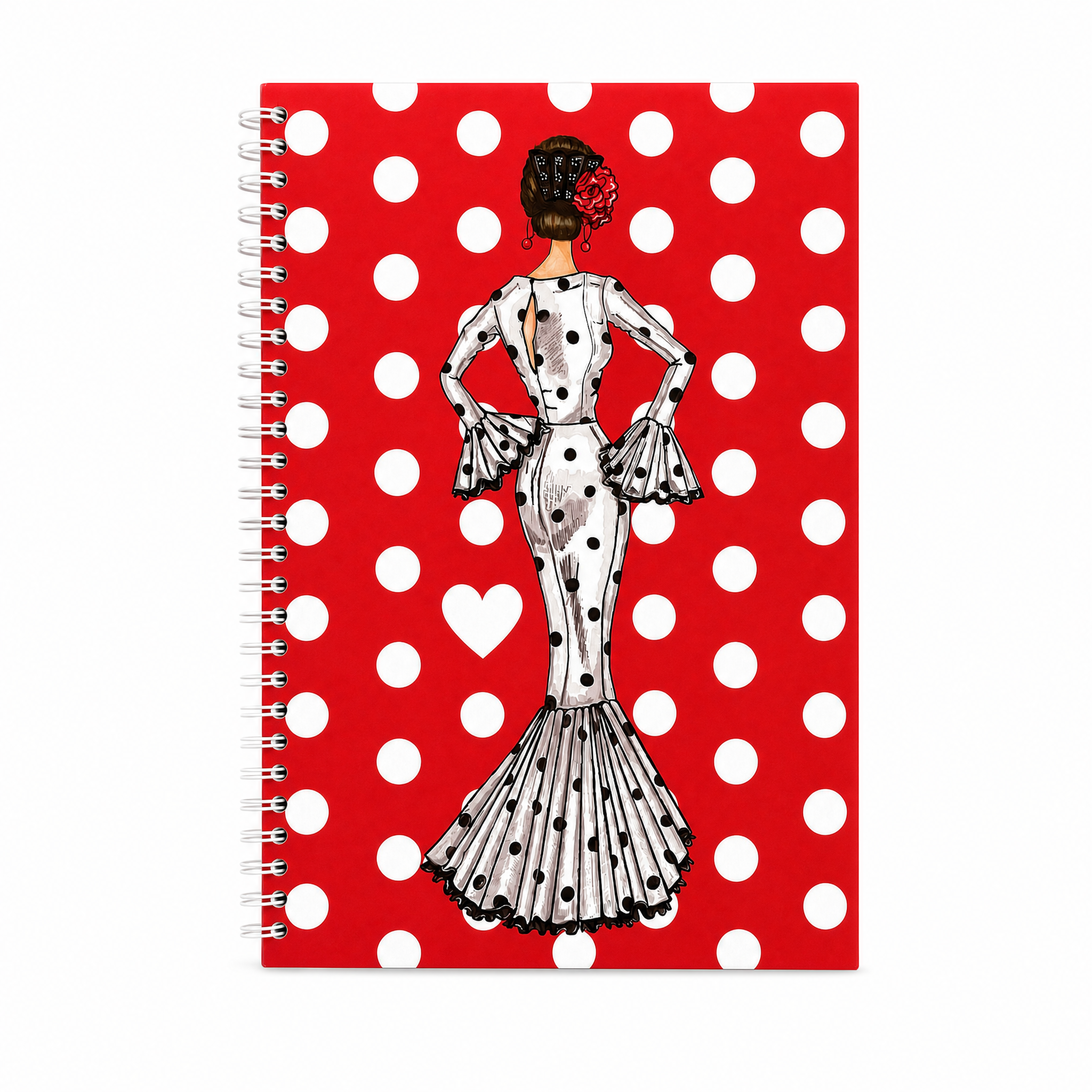 Libreta flamenca illustrArte 17 x 24 cm – diseño María Blanco, tapa roja con lunares blancos