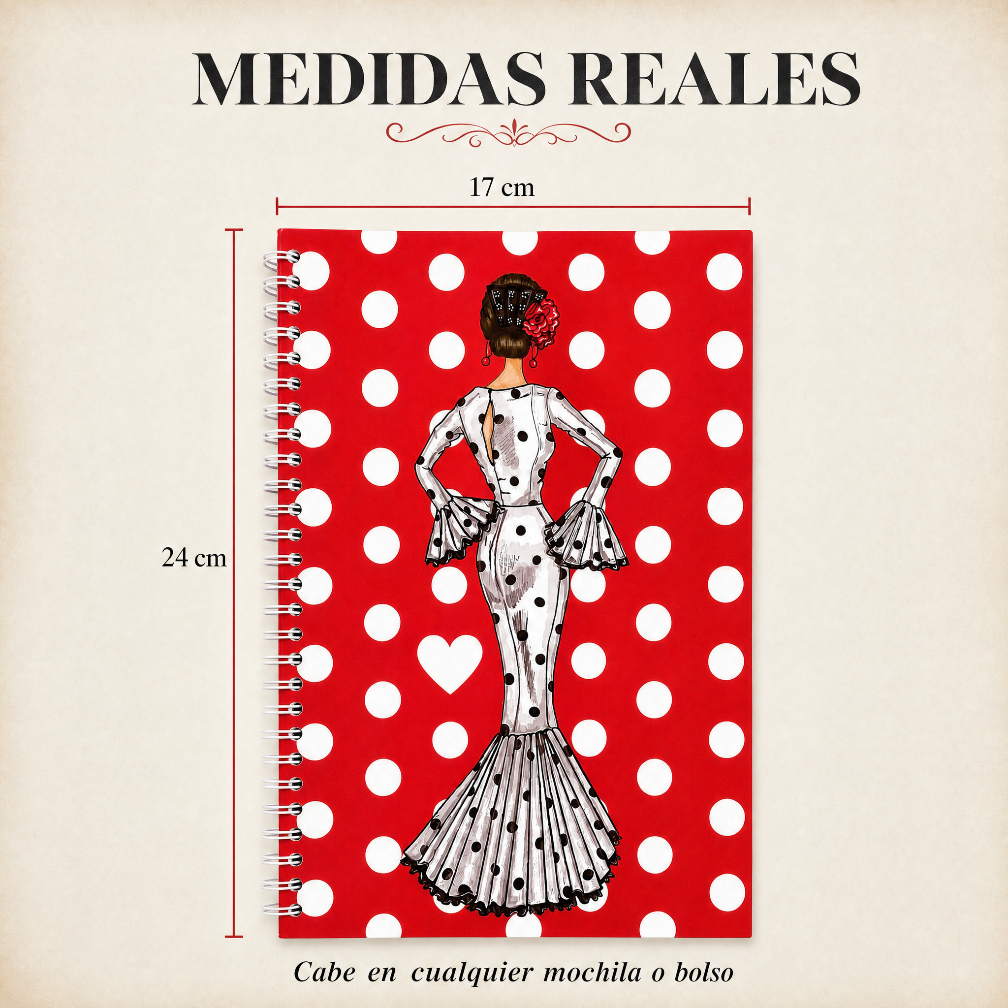 Libreta flamenca María Blanco – medidas reales 17 x 24 cm