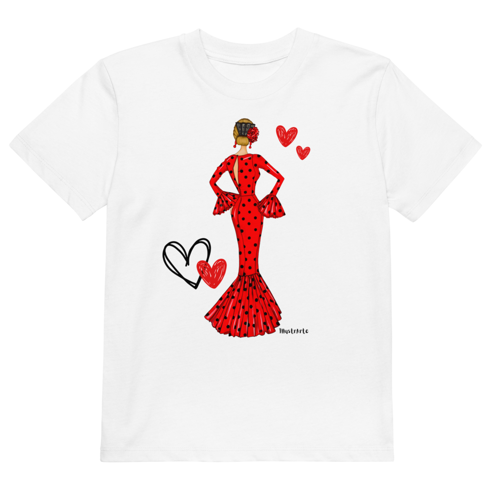 Vista trasera de la camiseta flamenca de algodón orgánico para niñas, destacando su corte cómodo y diseño chic.