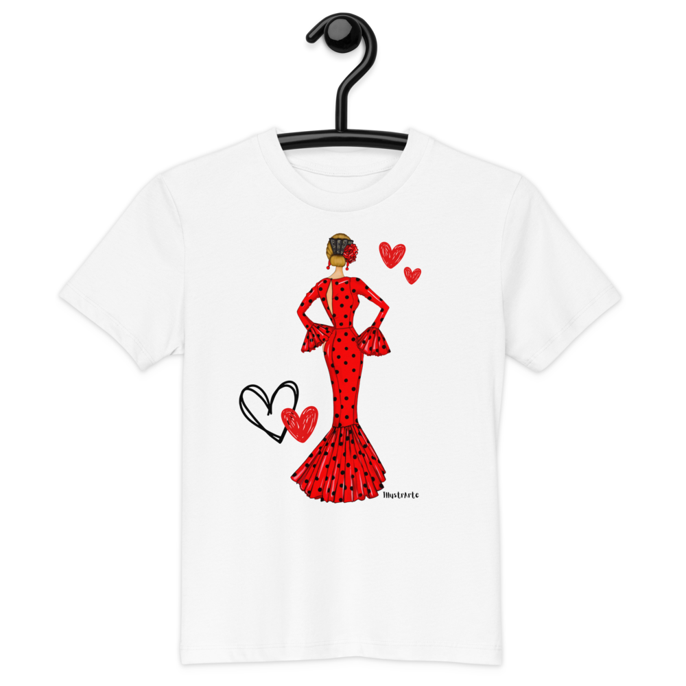 Detalles impresos de la camiseta flamenca de niñas de algodón 100% orgánico, mostrando la atención al detalle en el diseño.