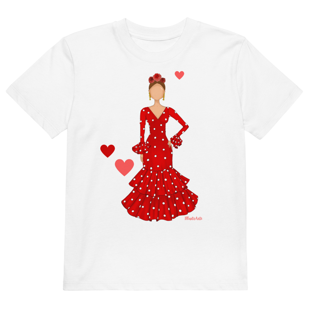 Camiseta flamenca de niñas de algodón 100% orgánico - Modelo Ana, primer plano de la camiseta que destaca el diseño flamenco colorido con corazones.