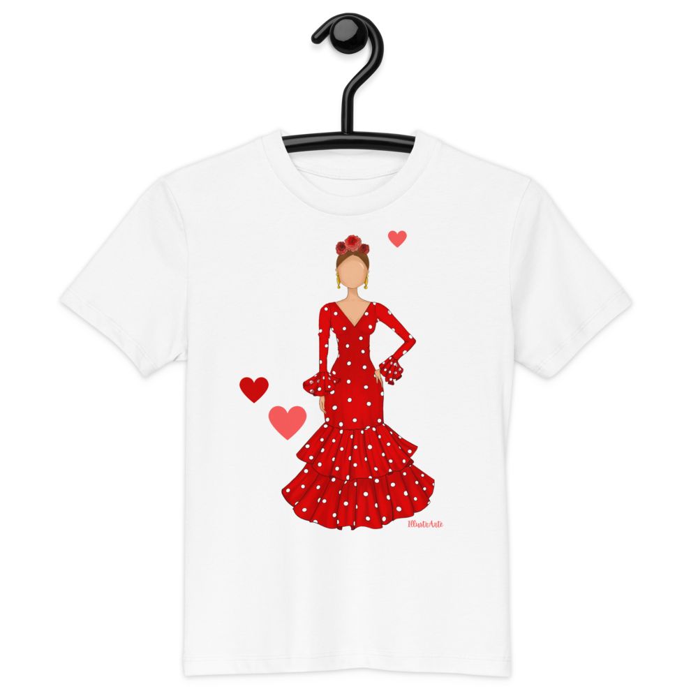 Camiseta flamenca de niñas de algodón 100% orgánico - Modelo Ana, camiseta en exhibición con un atractivo diseño flamenco y corazones.