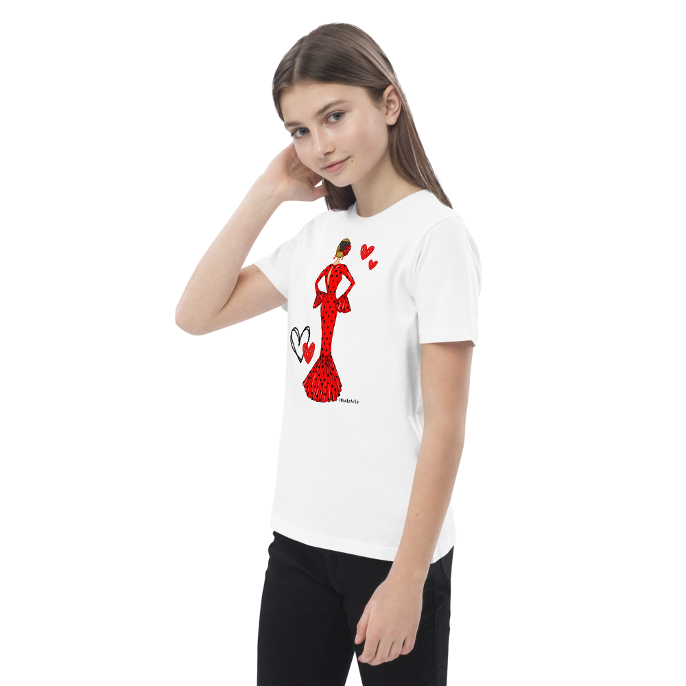 Camiseta Flamenca de Niñas De Algodón 100% Orgánico - Modelo María en vestido rojo, mostrando un diseño alegre y moderno.