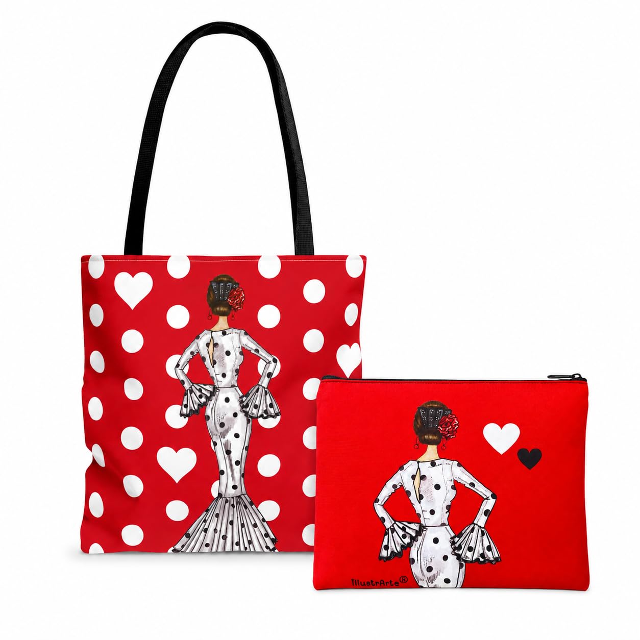 Pack bolso Málaga 43x43 cm + neceser Granada 22x17 cm illustrArte – María Blanco fondo rojo