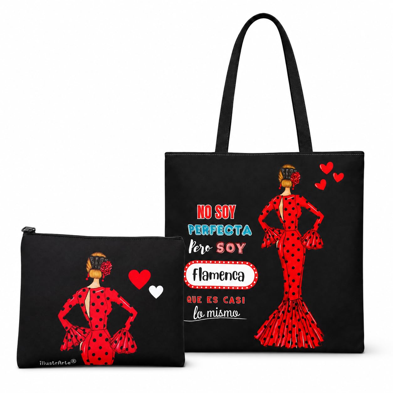 Pack bolso Málaga 43x43 cm + neceser Granada 22x17 cm illustrArte – María Rojo frase con neceser liso