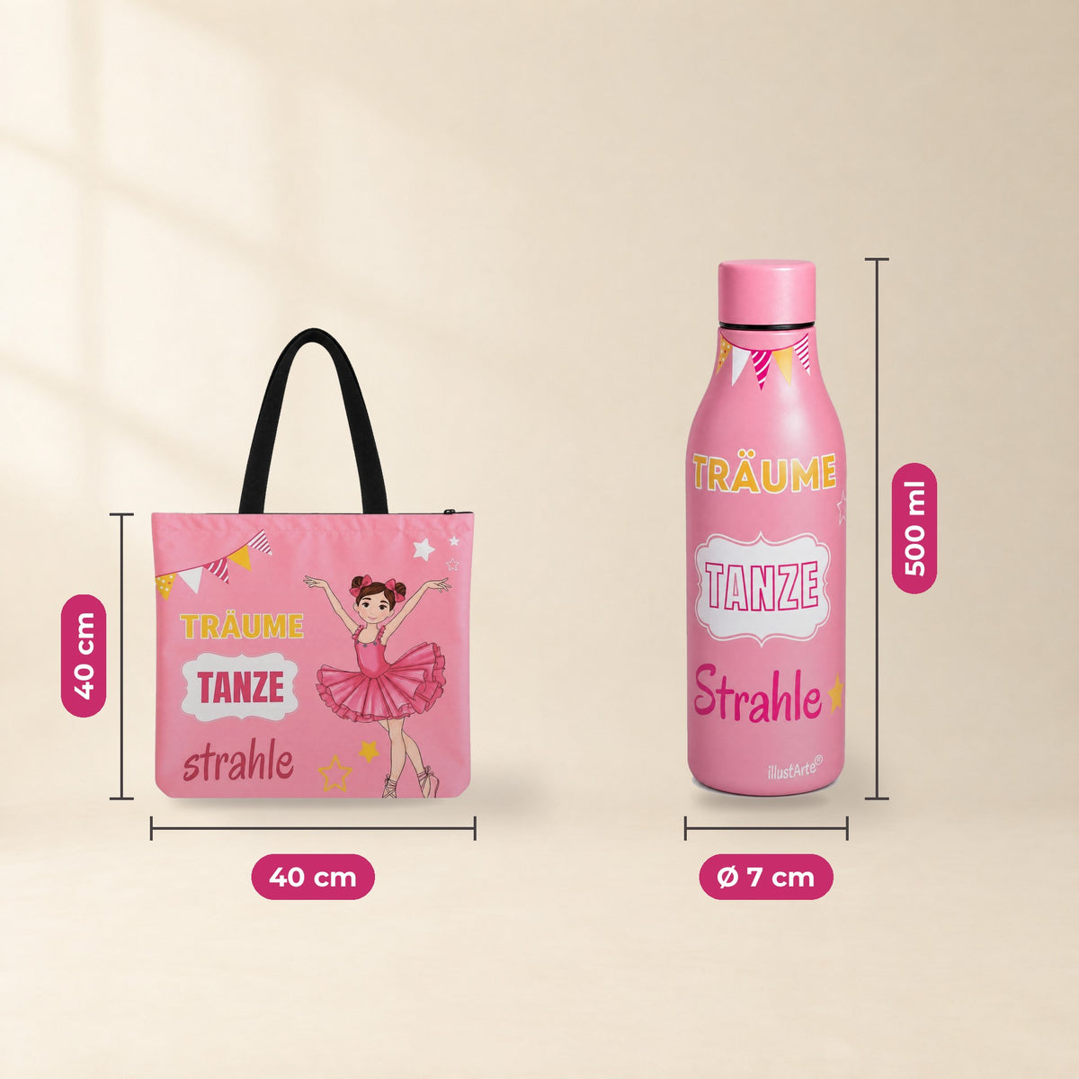 Pack Botella Térmica Bailarina + Bolsa de Ballet – diseño Marina (Träume, Tanze, Strahle) – medidas