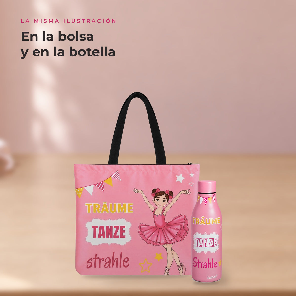 Pack Botella Térmica Bailarina + Bolsa de Ballet – diseño Marina (Träume, Tanze, Strahle) – detalle