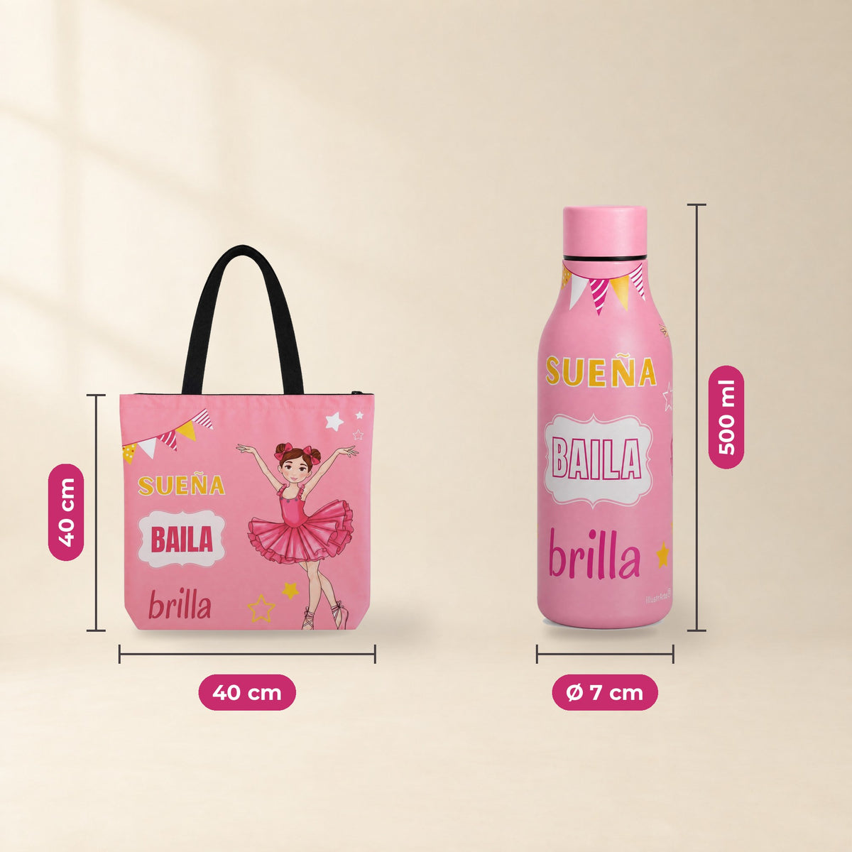 Pack Botella Térmica Bailarina + Bolsa de Ballet – diseño Marina (Sueña, Baila, Brilla) – medidas
