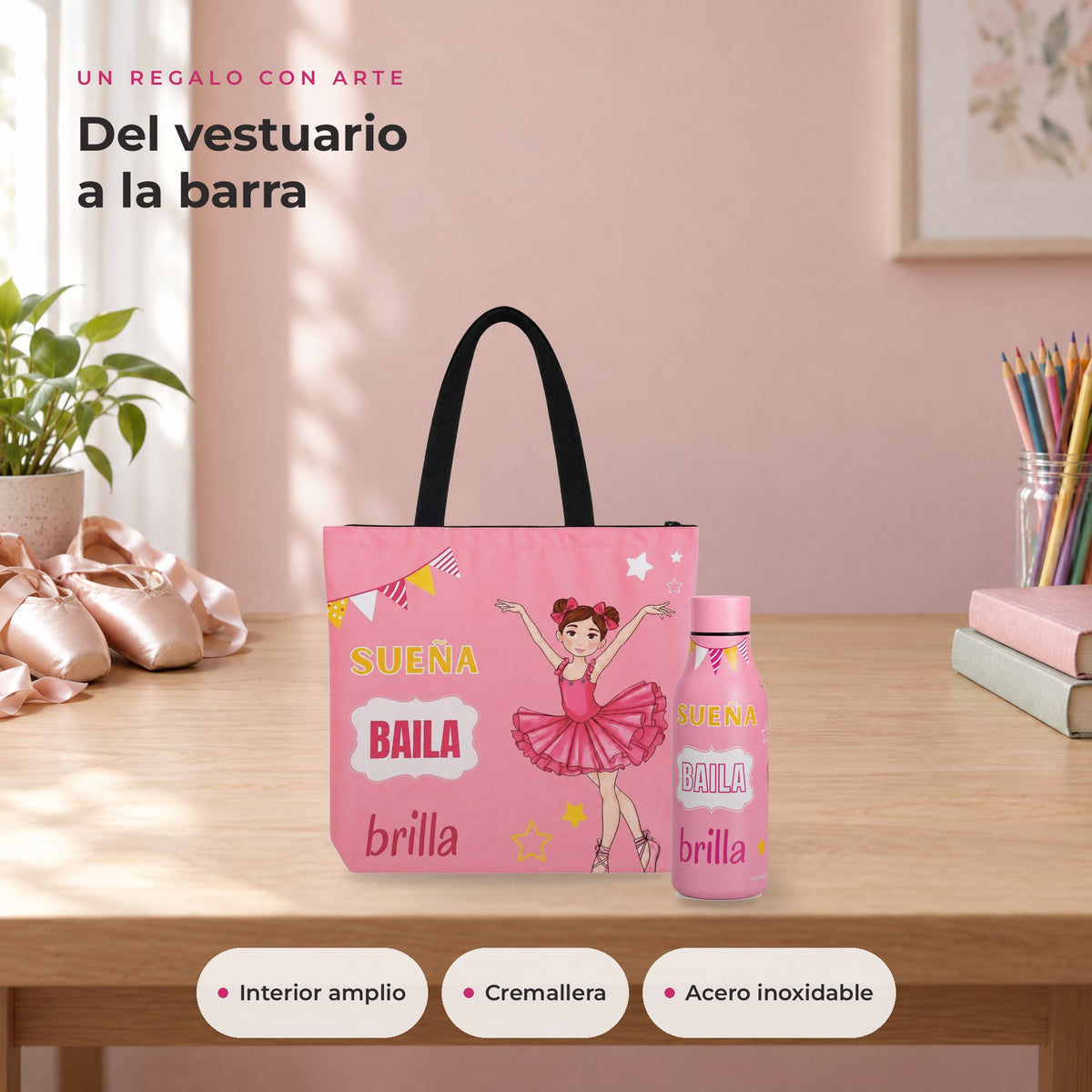 Pack Botella Térmica Bailarina + Bolsa de Ballet – diseño Marina (Sueña, Baila, Brilla) – ambiente