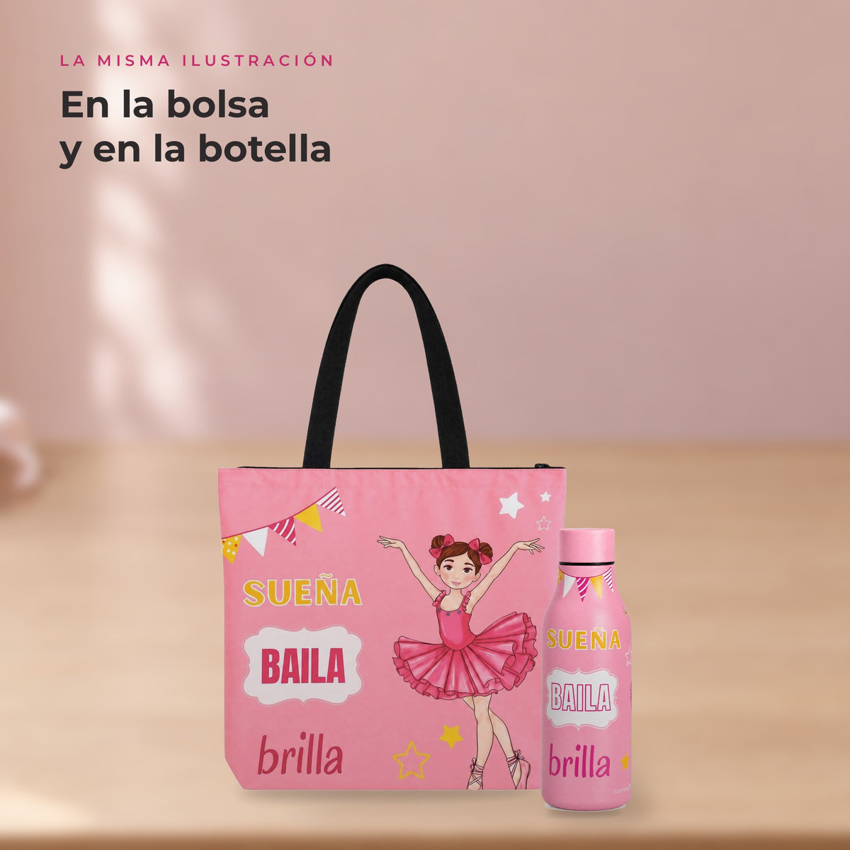 Pack Botella Térmica Bailarina + Bolsa de Ballet – diseño Marina (Sueña, Baila, Brilla) – detalle