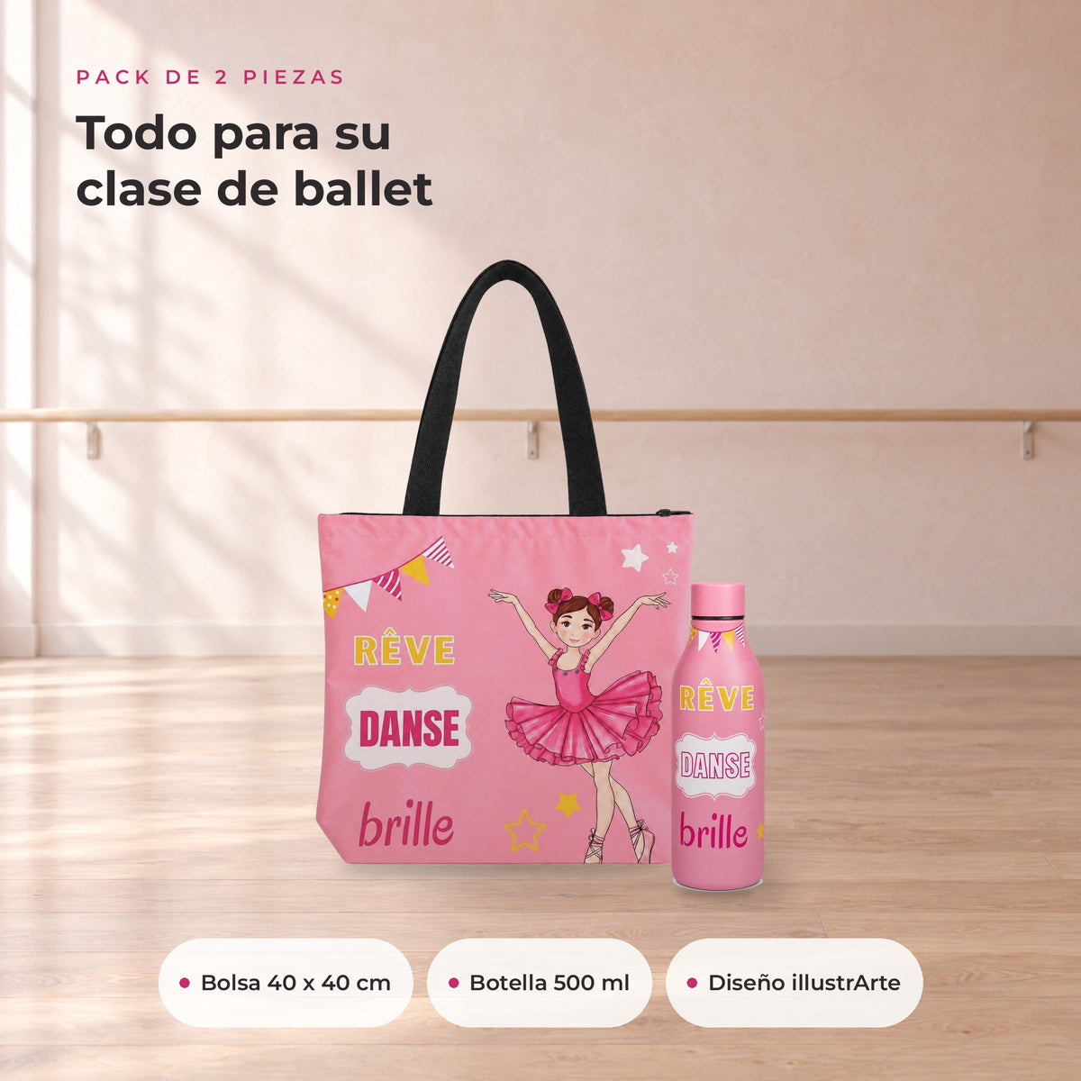 Pack Botella Térmica Bailarina + Bolsa de Ballet – diseño Marina (Rêve, Danse, Brille) – qué incluye