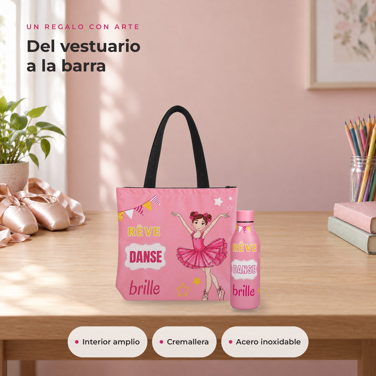 Pack Botella Térmica Bailarina + Bolsa de Ballet – diseño Marina (Rêve, Danse, Brille) – ambiente